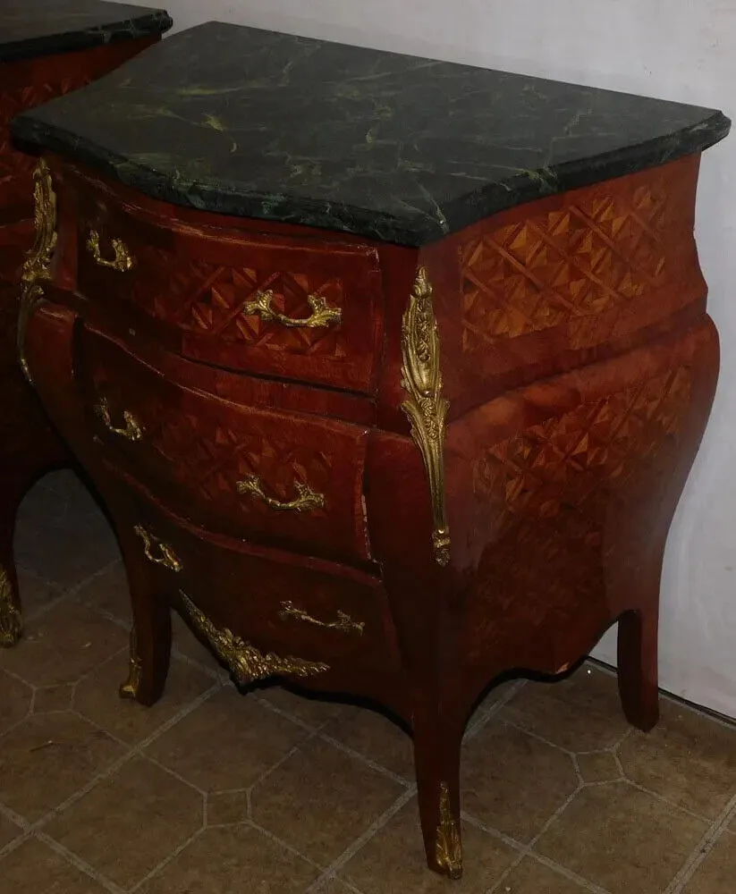 Commodes, Pair, Walnut Inlay, Marble Top, Diminutive, With Bronze Mounts!!