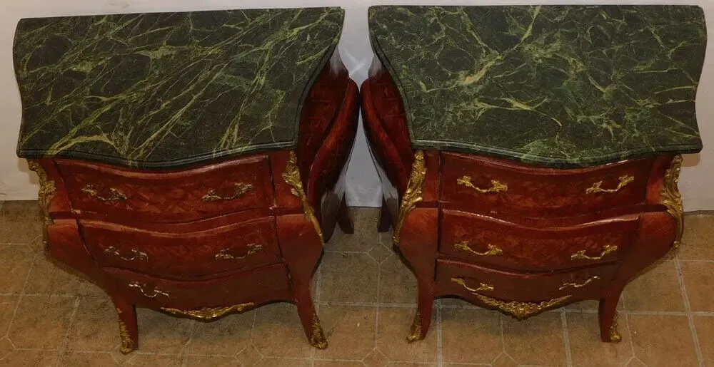 Commodes, Pair, Walnut Inlay, Marble Top, Diminutive, With Bronze Mounts!!