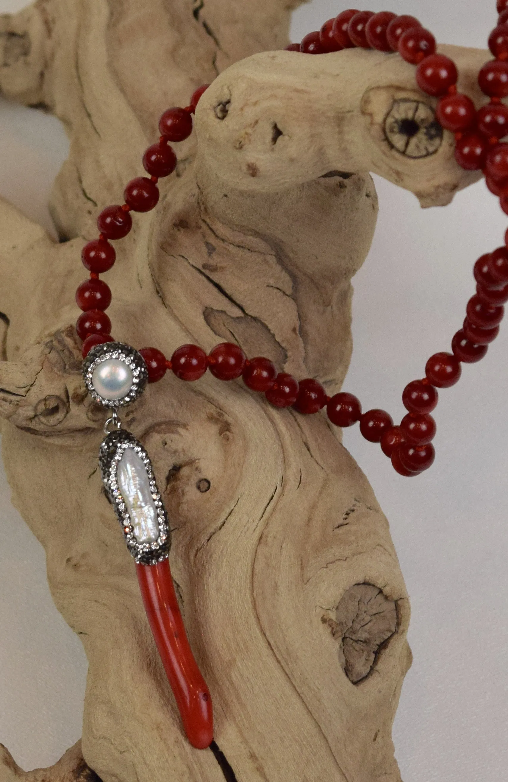 Coral   Biwa Pearl Necklace