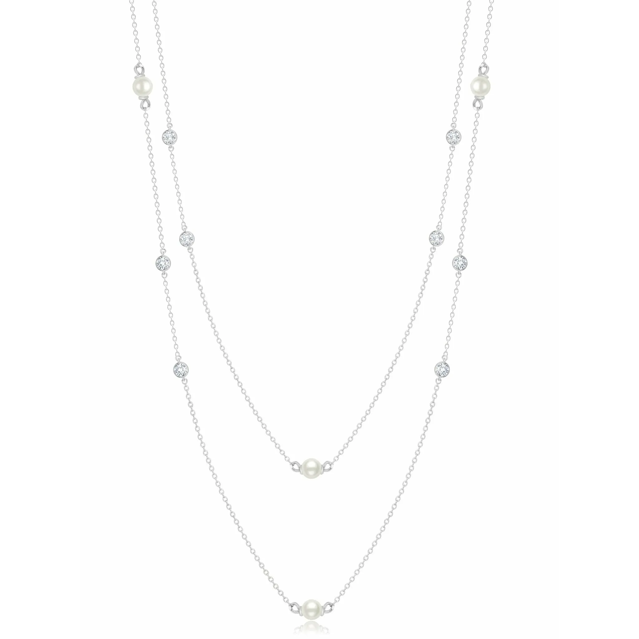 CRISLU Genuine Pearl 36" Multi Station Necklace with Bezel Set  Cubic Zirconia In Pure Platinum