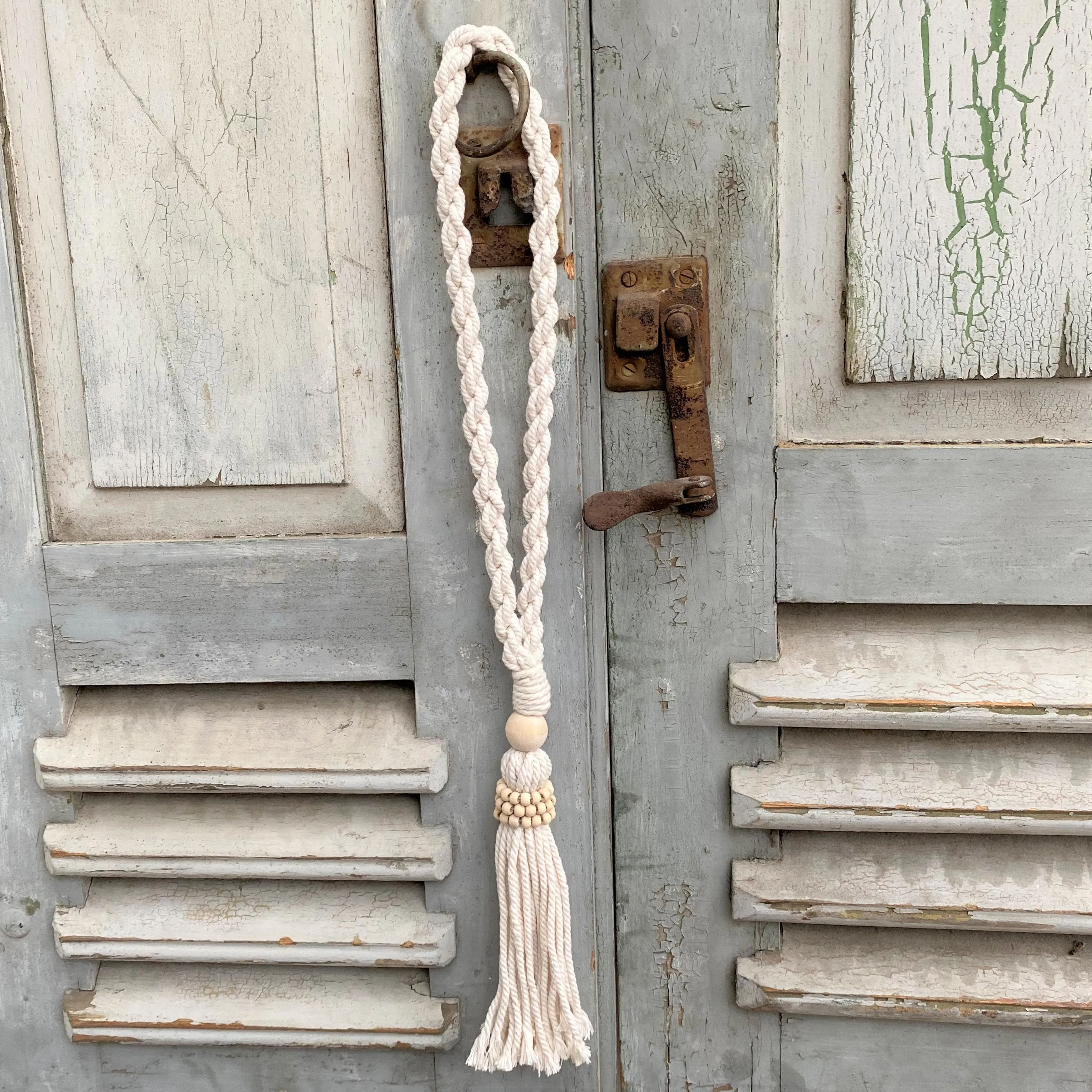 Decorative Macramé and Natural Bead Garland Tassel - Cotton Wood Curtain Tieback Wall Hanging 35cm