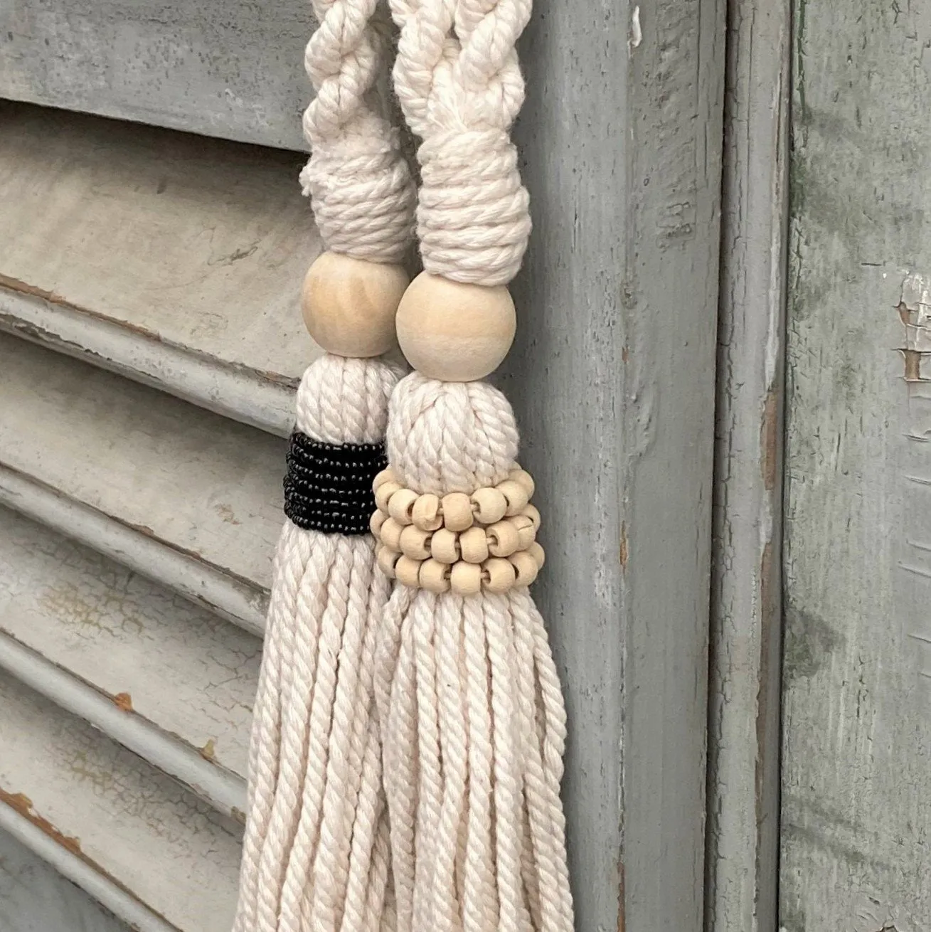 Decorative Macramé and Natural Bead Garland Tassel - Cotton Wood Curtain Tieback Wall Hanging 35cm