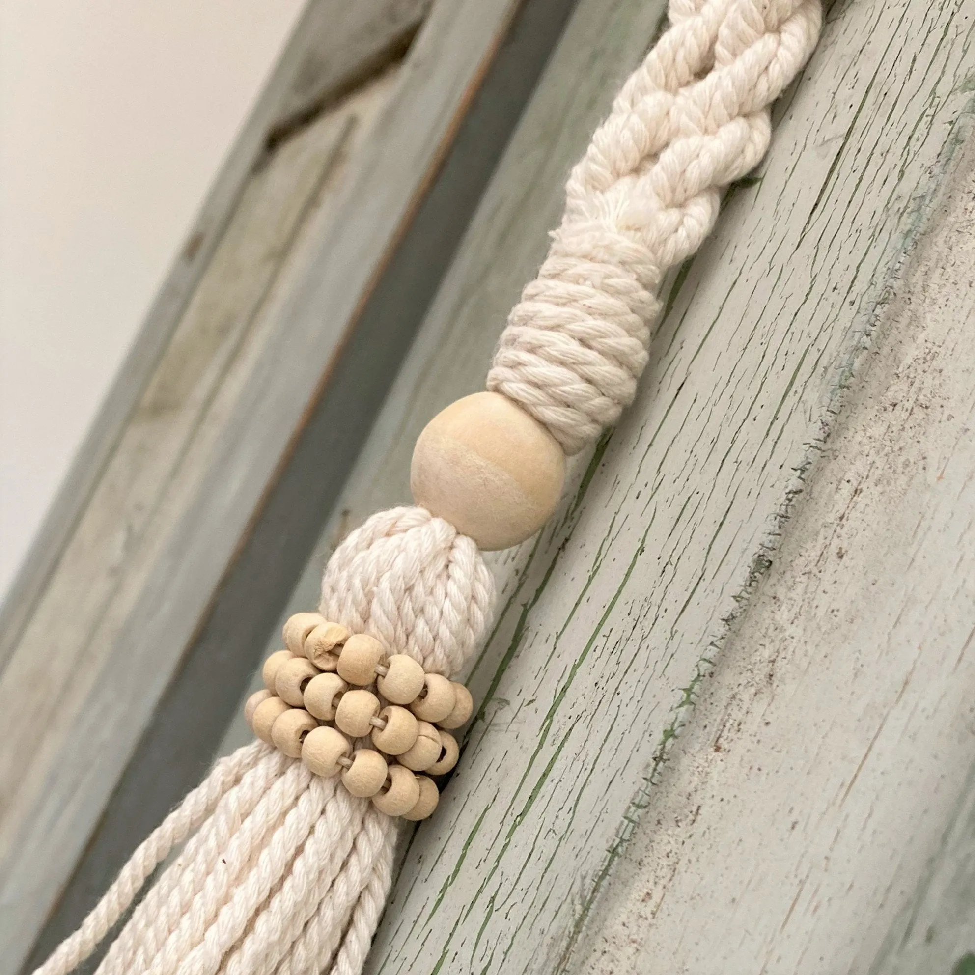 Decorative Macramé and Natural Bead Garland Tassel - Cotton Wood Curtain Tieback Wall Hanging 35cm