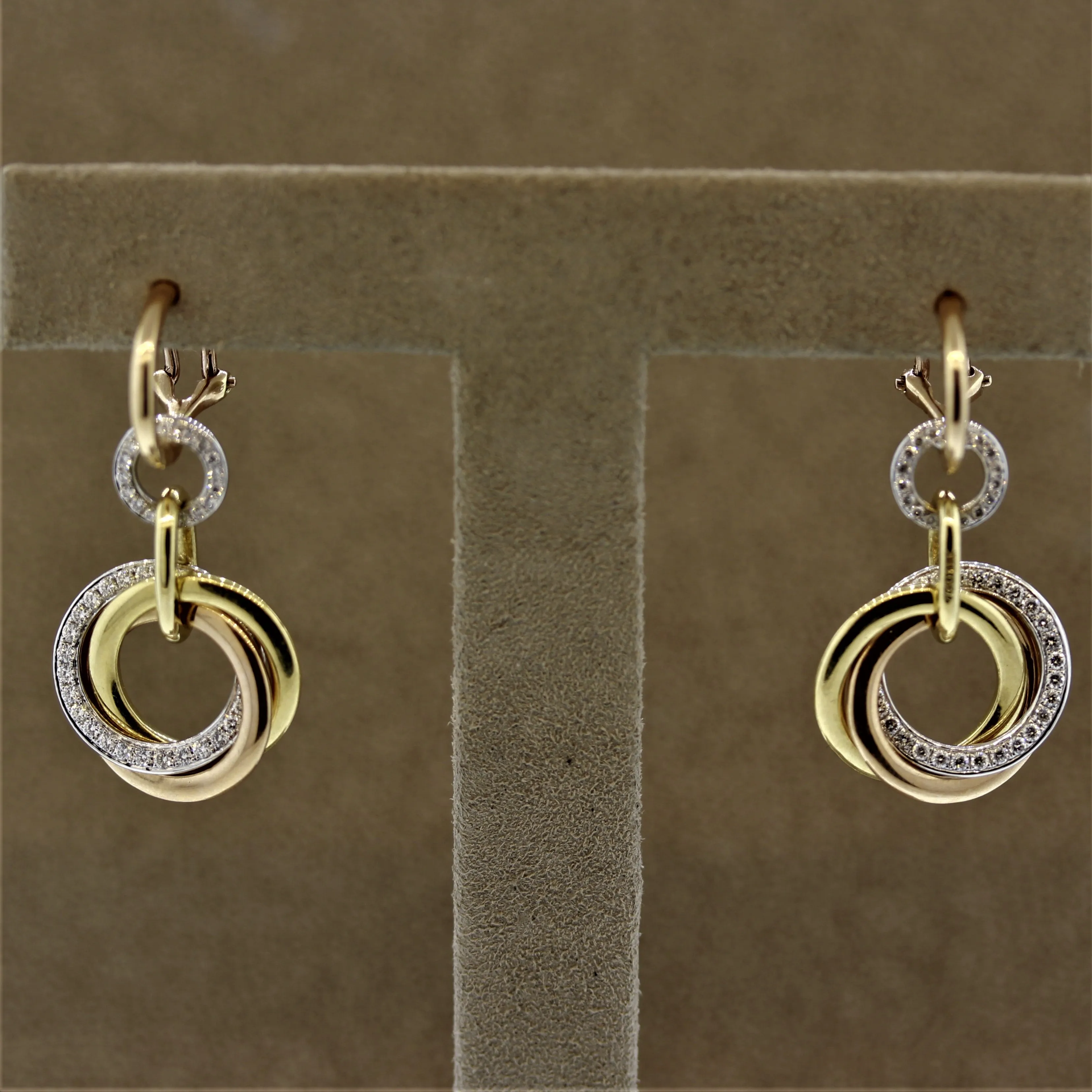 Diamond Multi-Hoop Drop Tri-Tone Gold Earrings