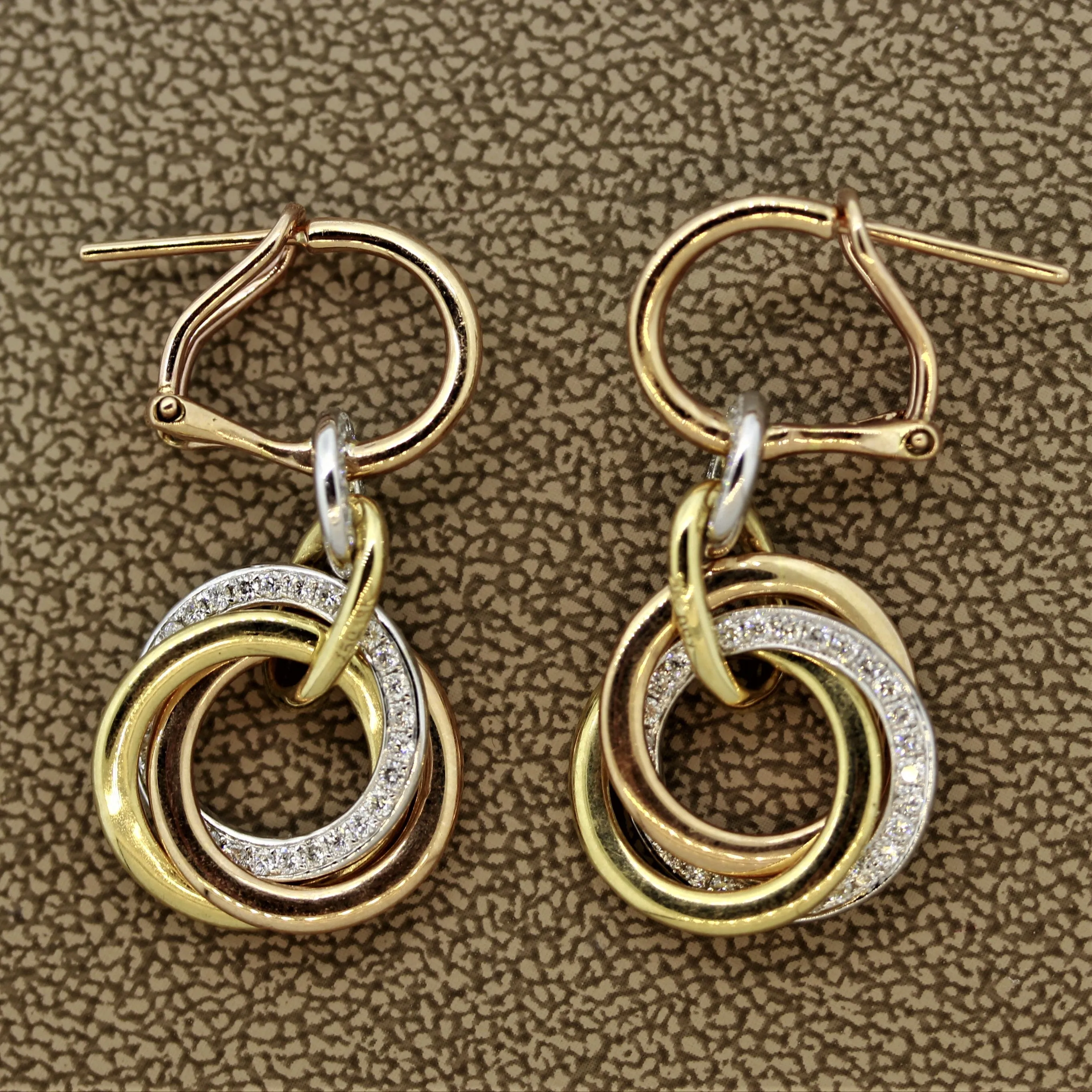 Diamond Multi-Hoop Drop Tri-Tone Gold Earrings