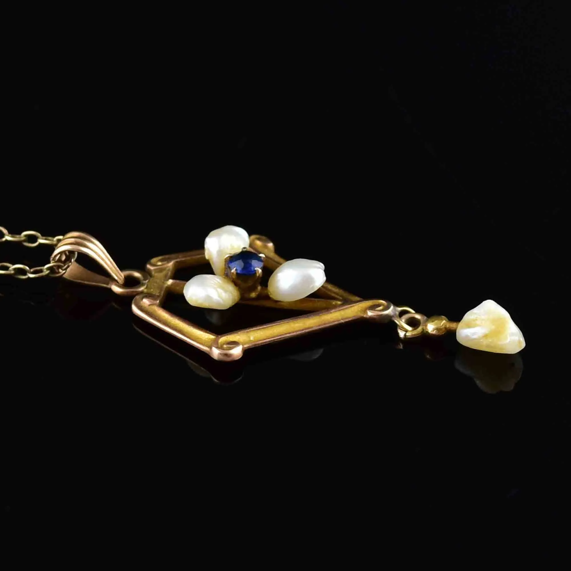 Edwardian 10K Gold Pearl Sapphire Lavalier Pendant Necklace