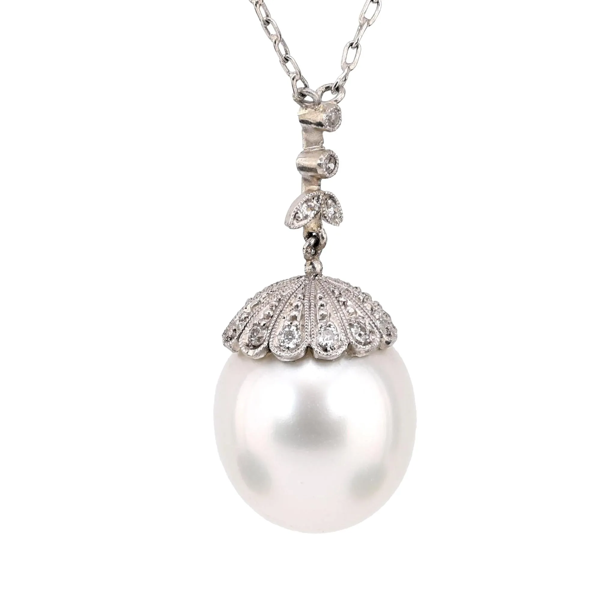 Edwardian inspired large pearl diamond platinum necklace