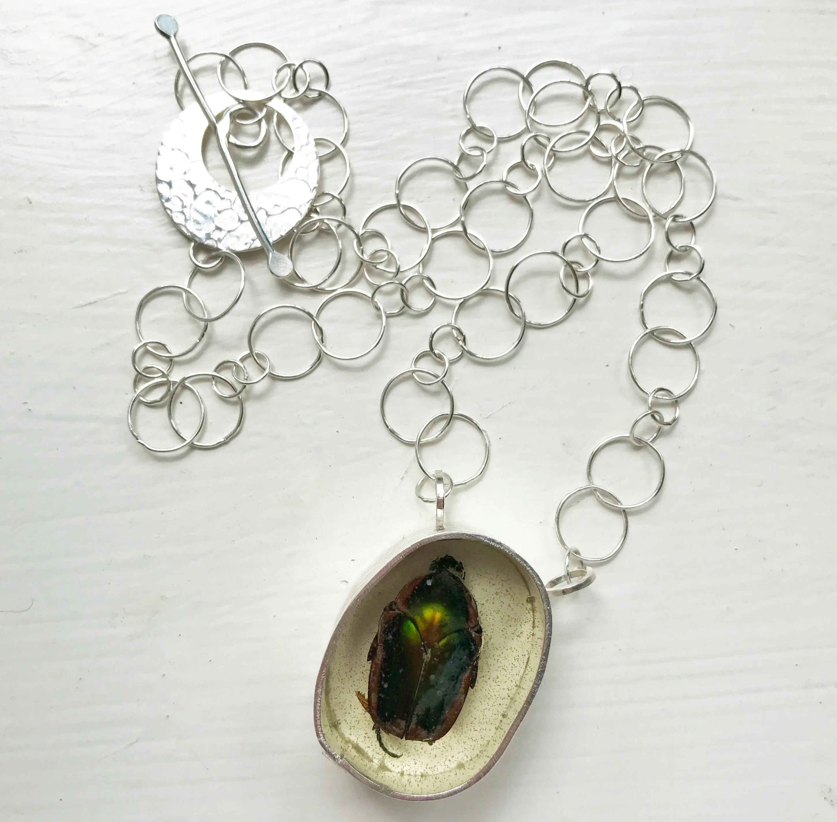 Encapsulated June Beetle silver necklace