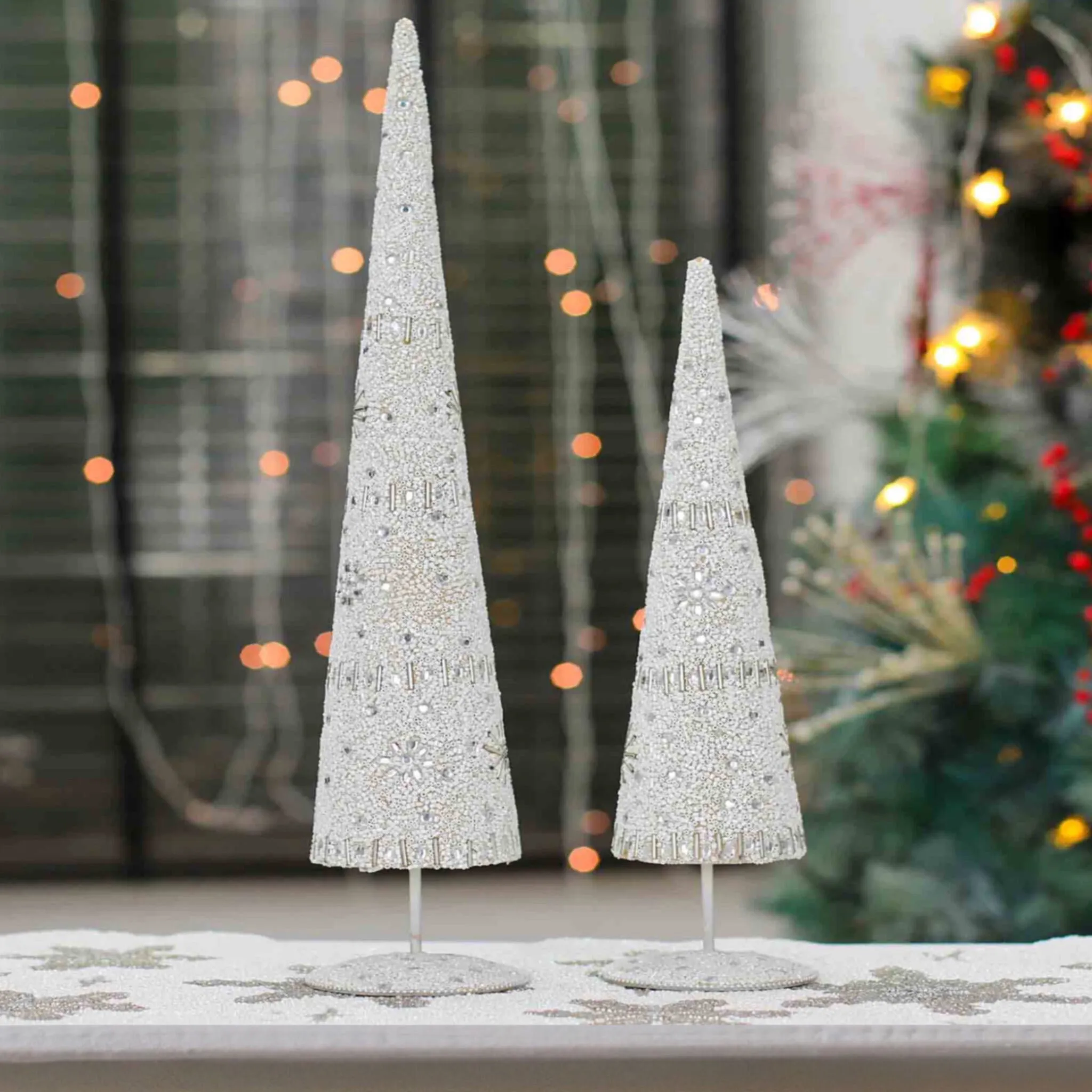 Enchanted Beaded Cone Christmas Tree in White, Set of 2