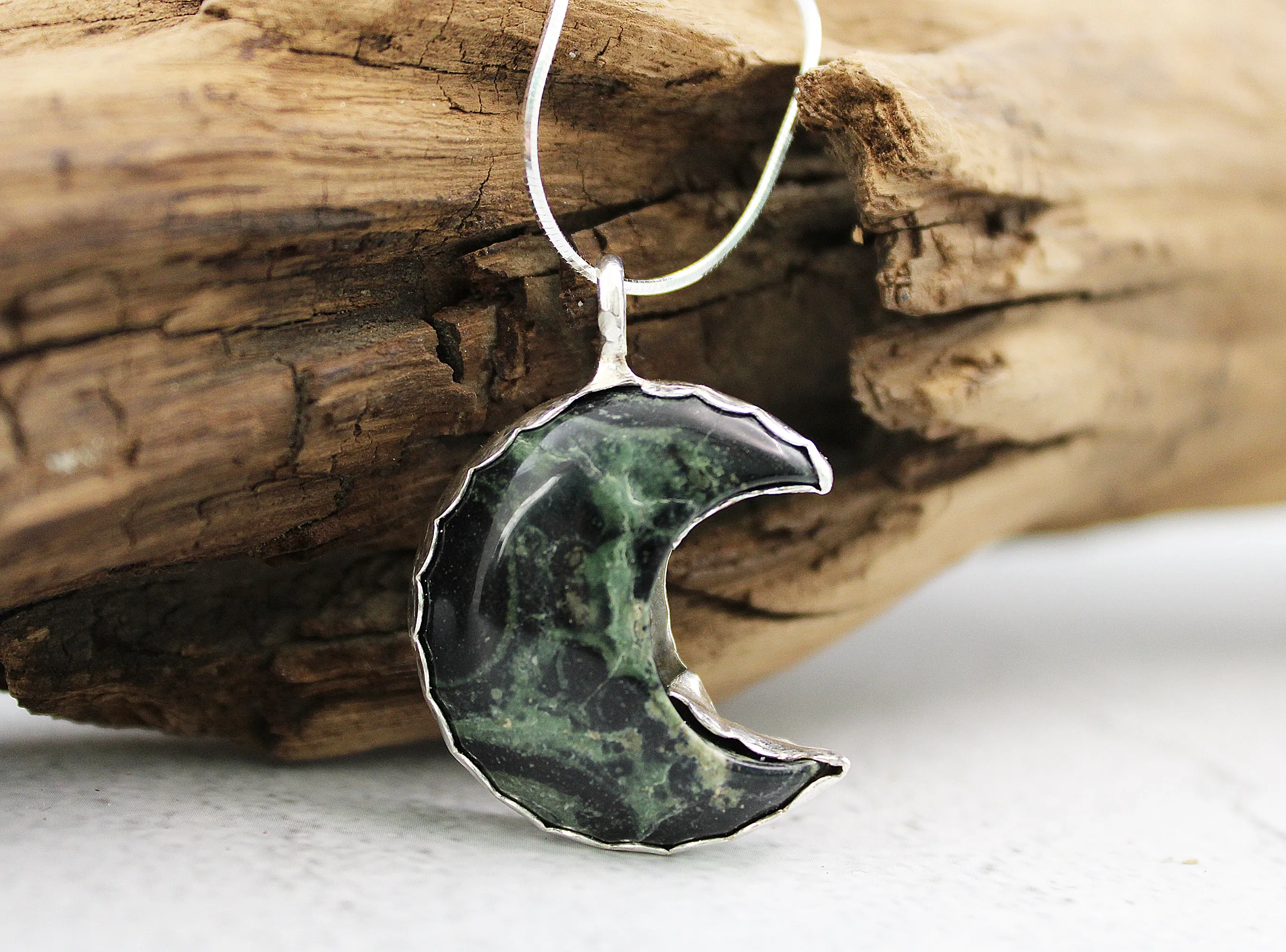 Exquisite Handmade Kambaba Jasper Crescent Moon Necklace in Sterling Silver | Healing Crystal Jewelry