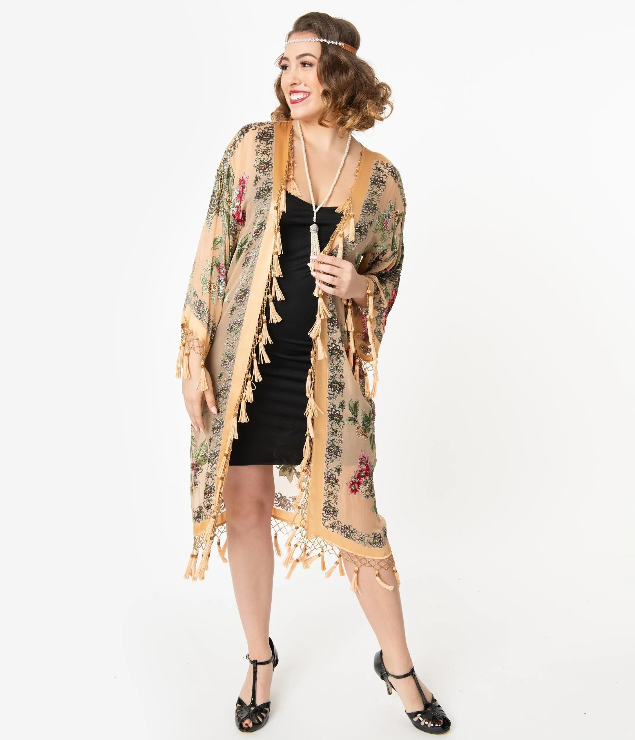 Flapper Style Gold Beaded Floral Print Scarf Coat