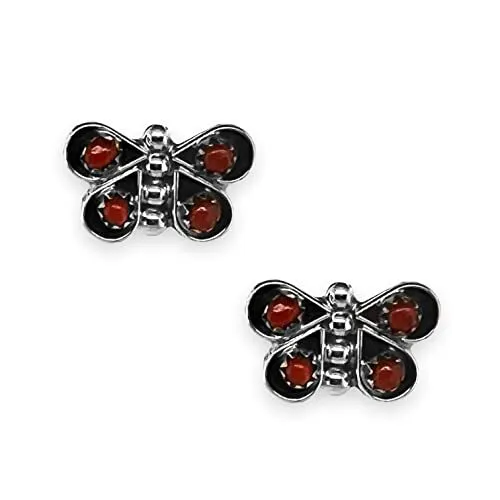 Genuine Coral Butterfly Stud Earrings, 925 Sterling Silver, Authentic Native American Handmade in New Mexico, Red