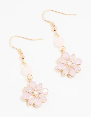 Gold & Pink Beaded Diamante Flower Drop Earrings