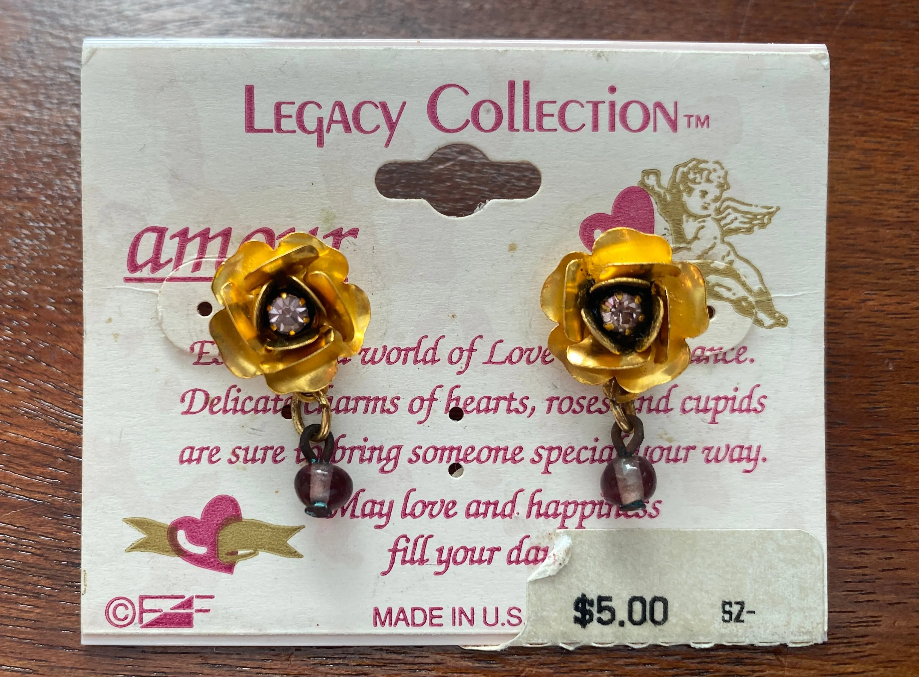 Gold Tone Metal Rose Flower Rhinestone Drop Dangly Pierced Earrings Bead