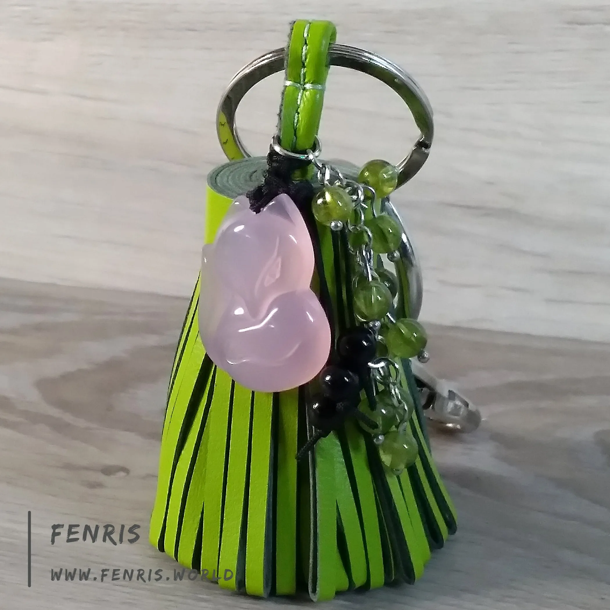 Green Leather Tassel Keychain Pink Chalcedony Fox | Fenris