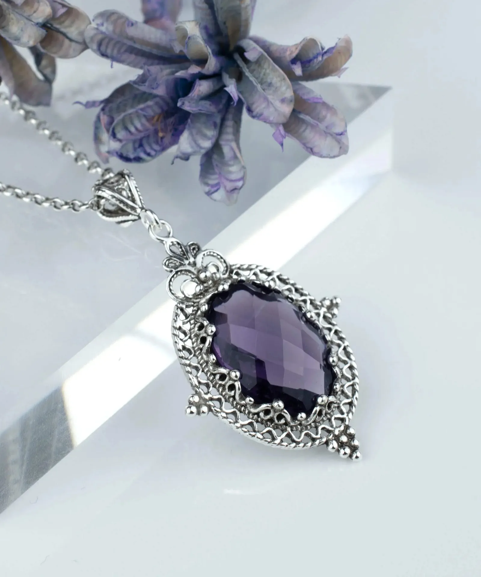 Handcrafted Amethyst Gemstone Silver Boho Oval Pendant Necklace - A Statement of Artistry