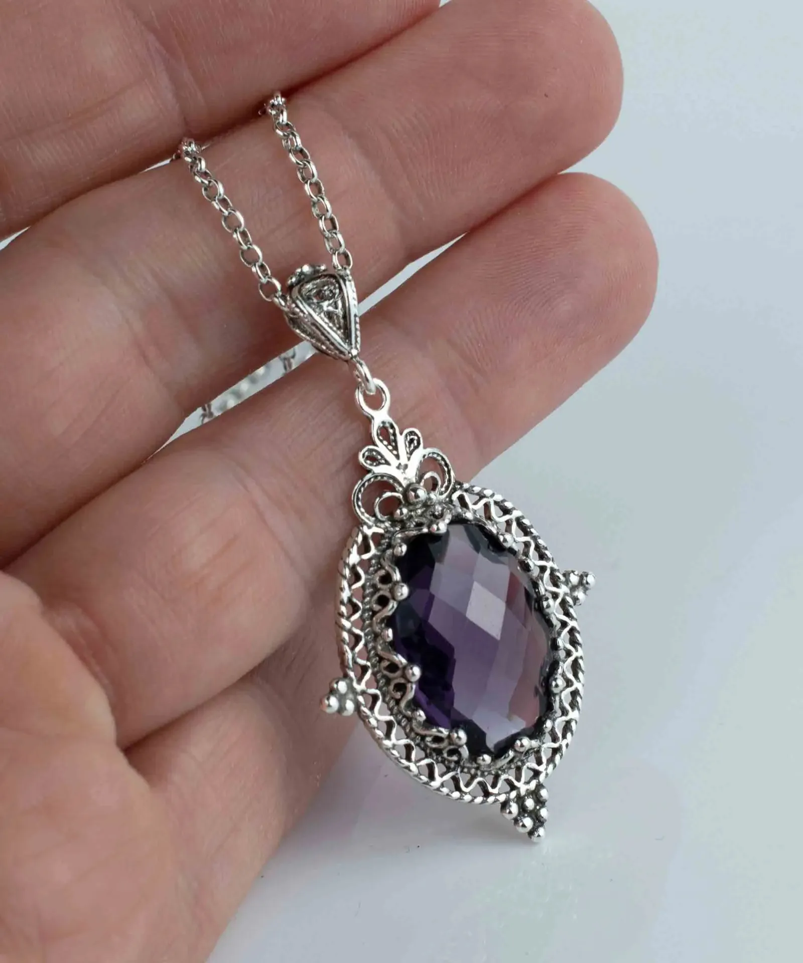 Handcrafted Amethyst Gemstone Silver Boho Oval Pendant Necklace - A Statement of Artistry