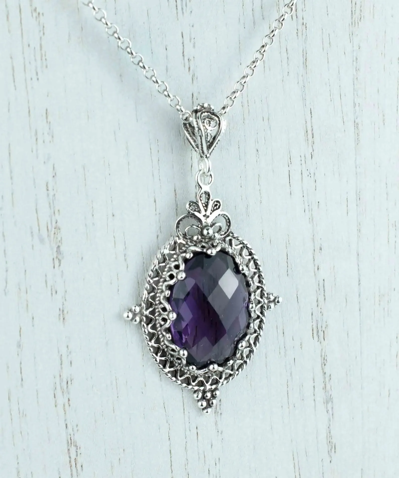 Handcrafted Amethyst Gemstone Silver Boho Oval Pendant Necklace - A Statement of Artistry