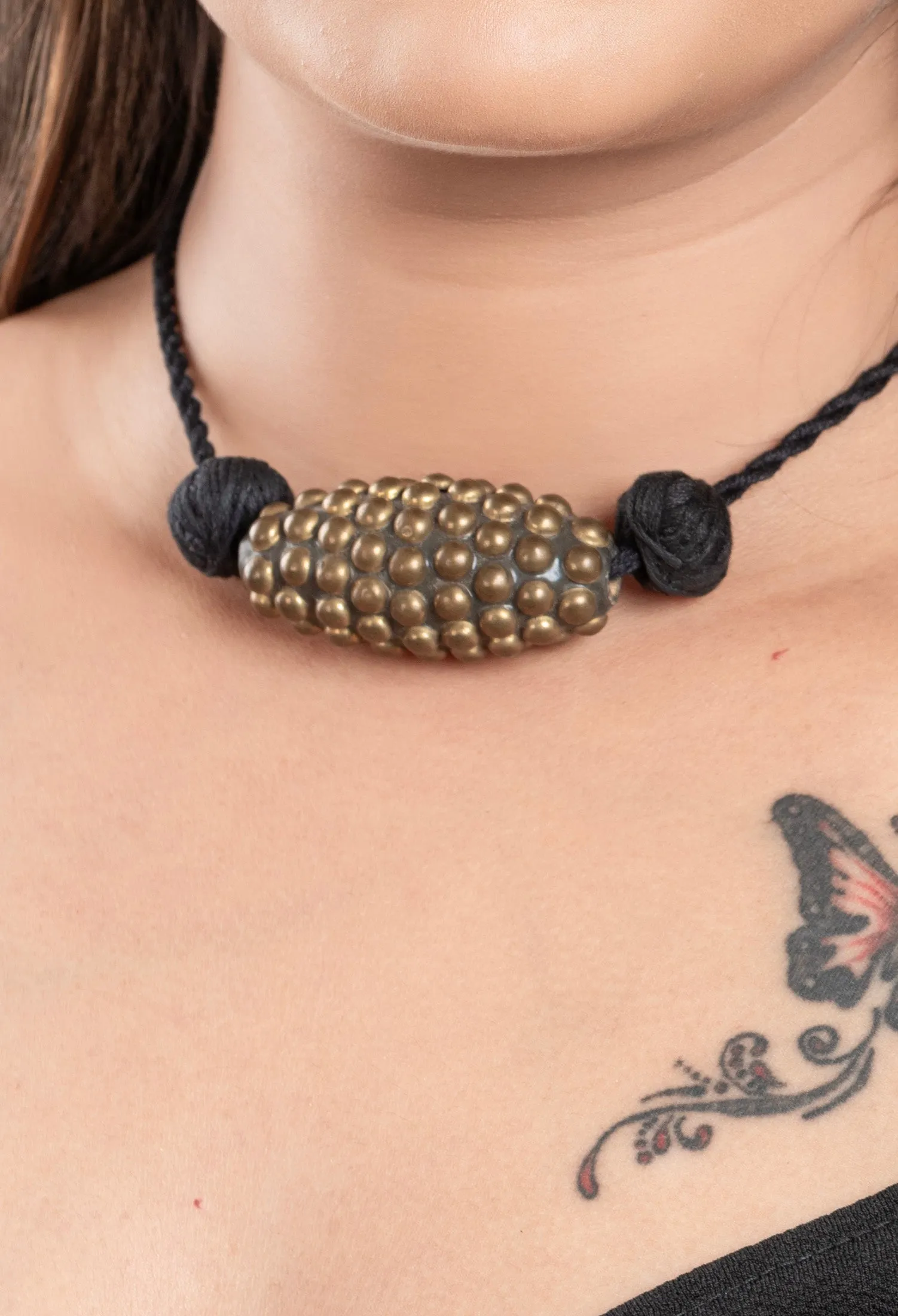 Handcrafted Golden Black Brass Choker Necklace with Adjustable Cotton Dori for Women