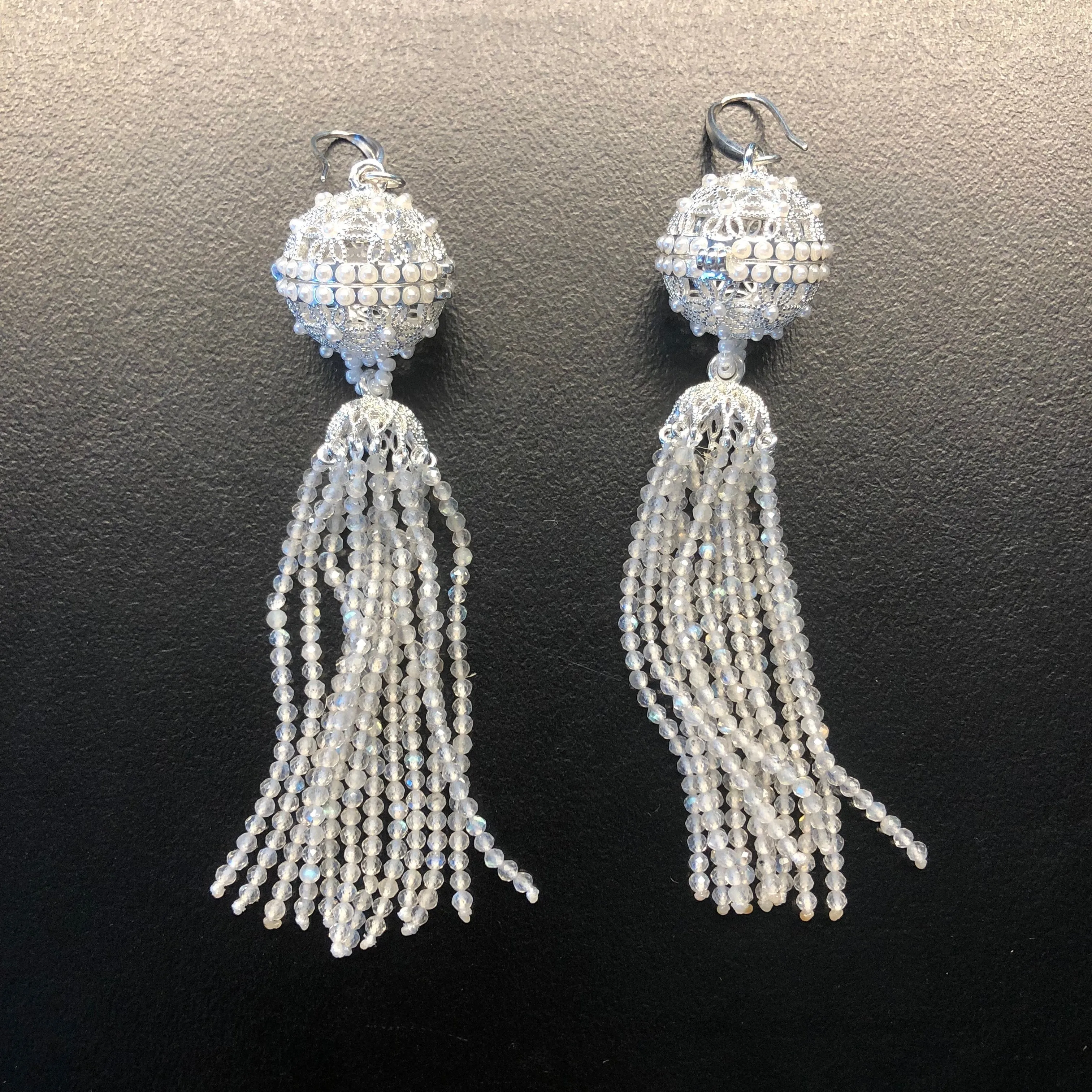 Herbal Locket Crystal Tassel Earrings - Grey Moonstone