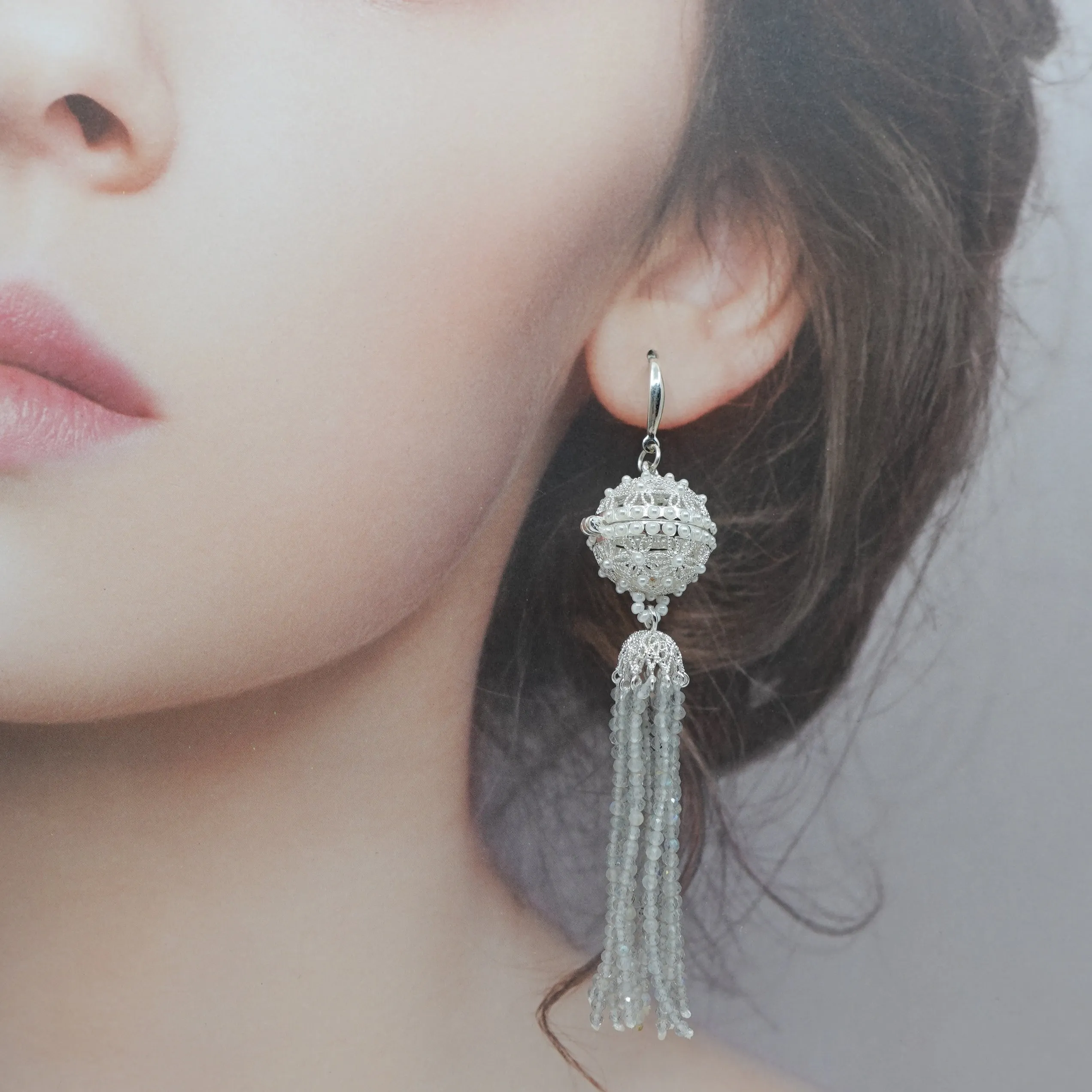 Herbal Locket Crystal Tassel Earrings - Grey Moonstone