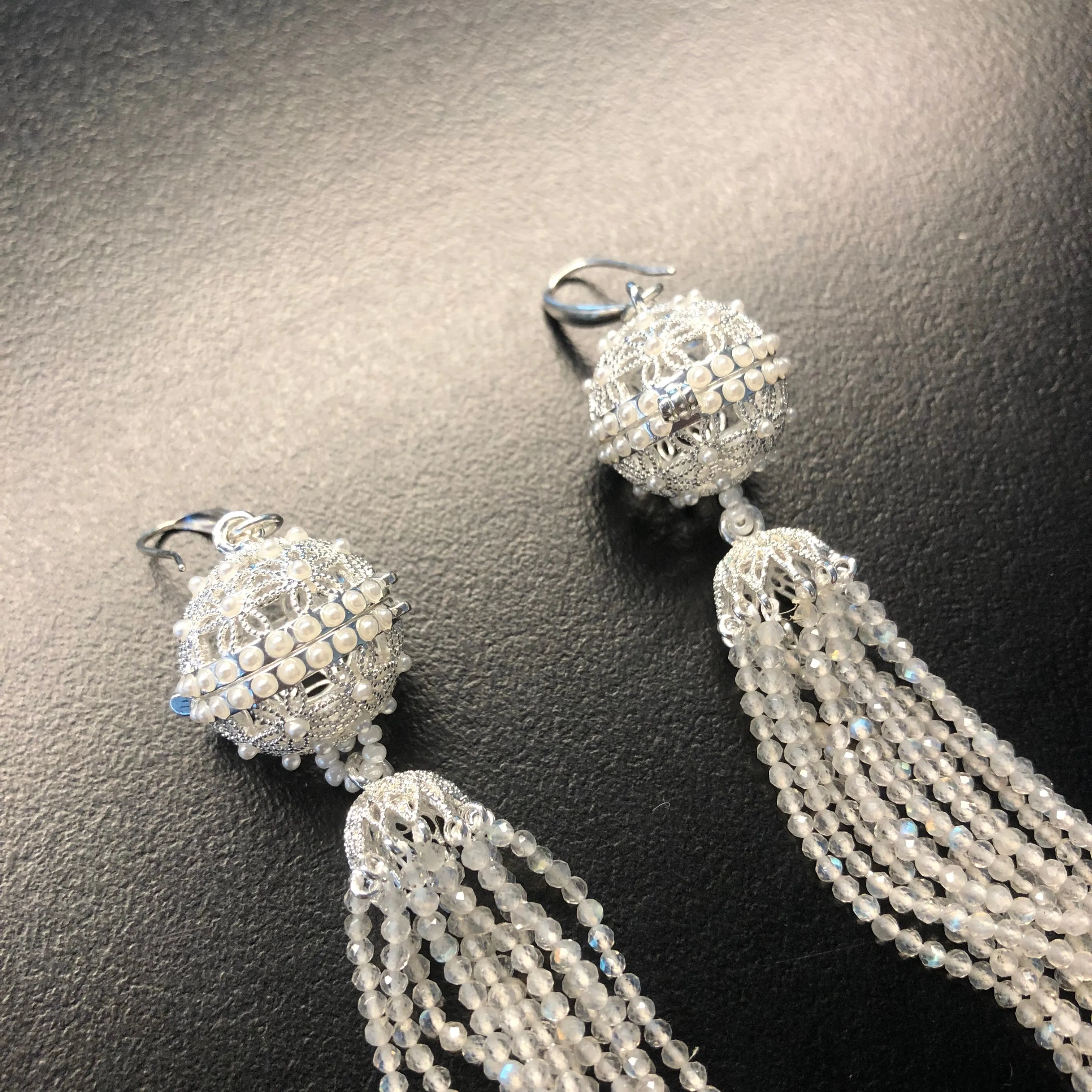 Herbal Locket Crystal Tassel Earrings - Grey Moonstone