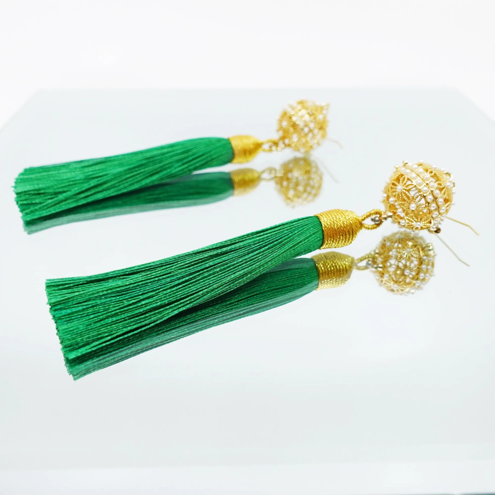 Herbal Locket Silk Tassel Earrings - Emerald Green