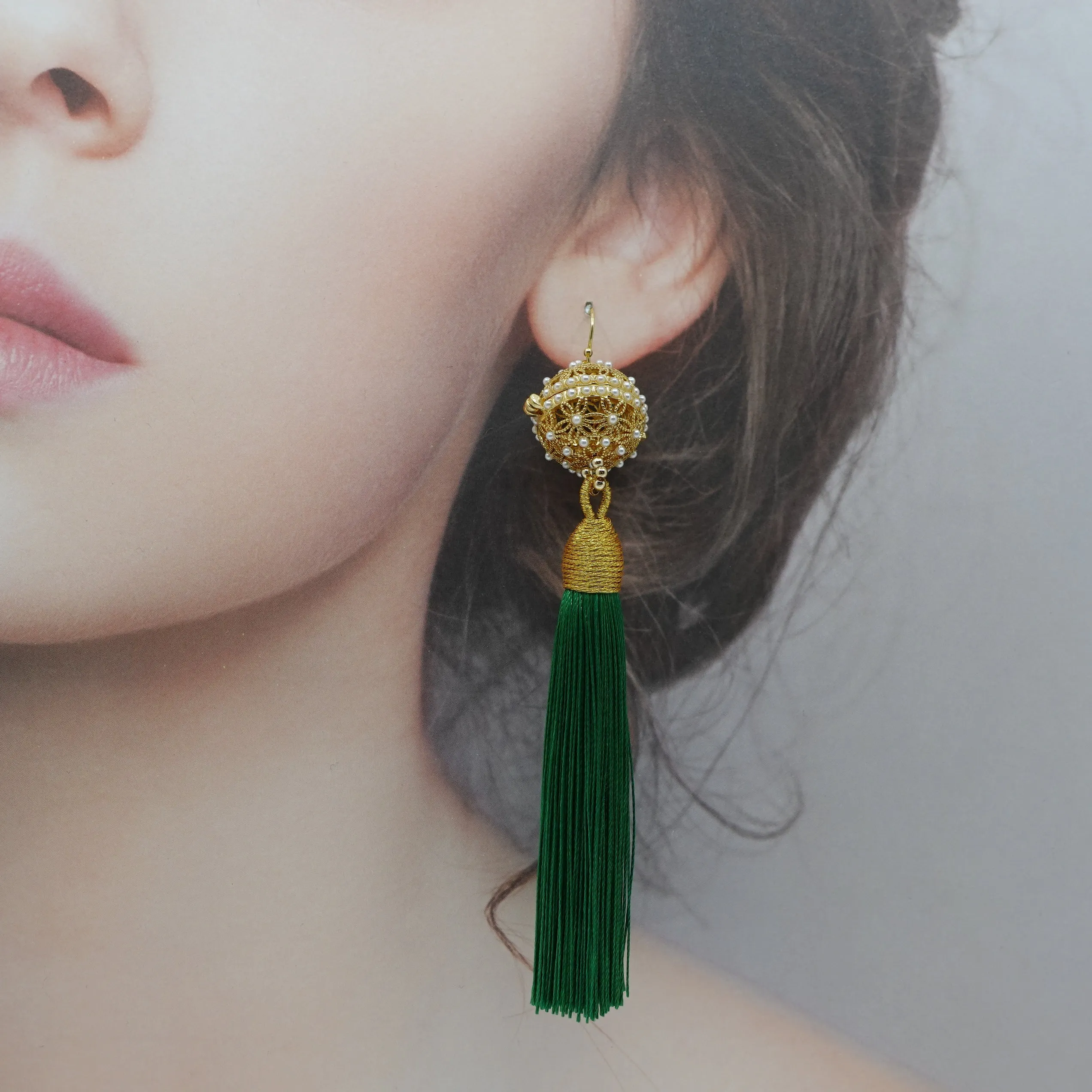 Herbal Locket Silk Tassel Earrings - Emerald Green