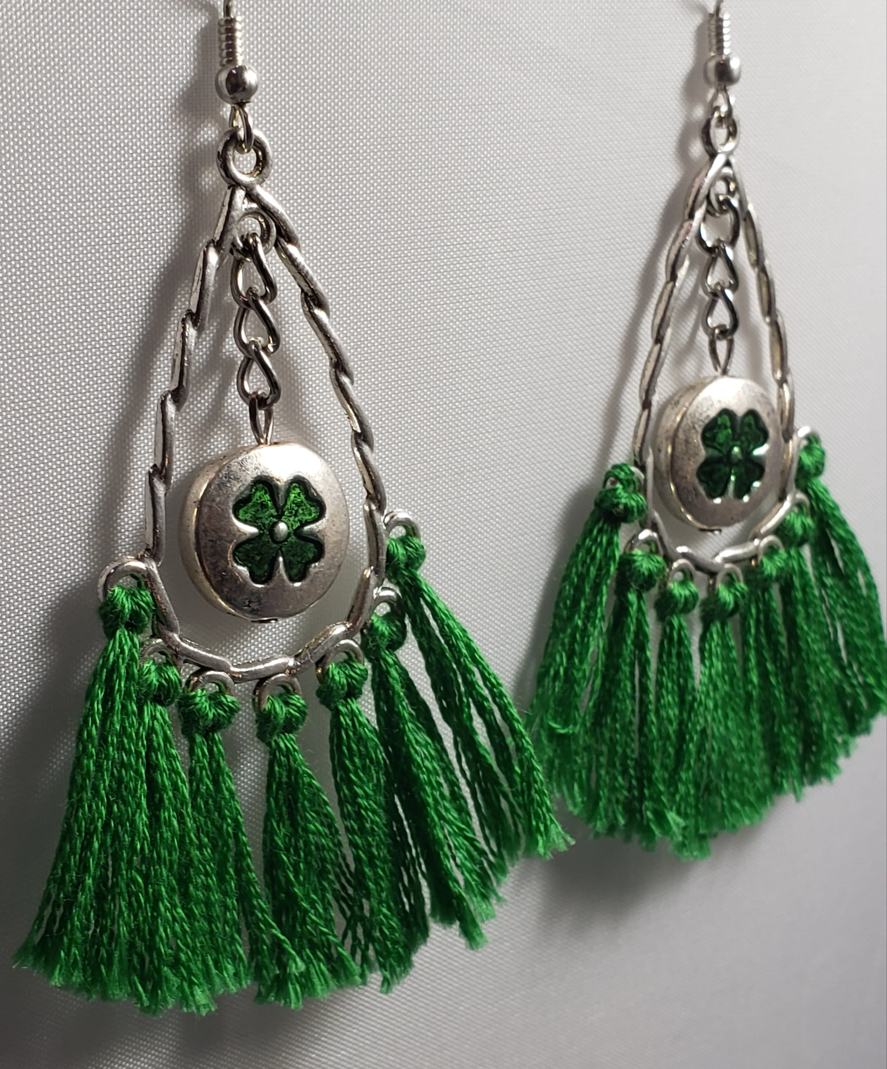 Hypoallergenic Silver Tone Metal Earrings with Green 4 Leaf Clover & Tassels on Fish Hook Earrings