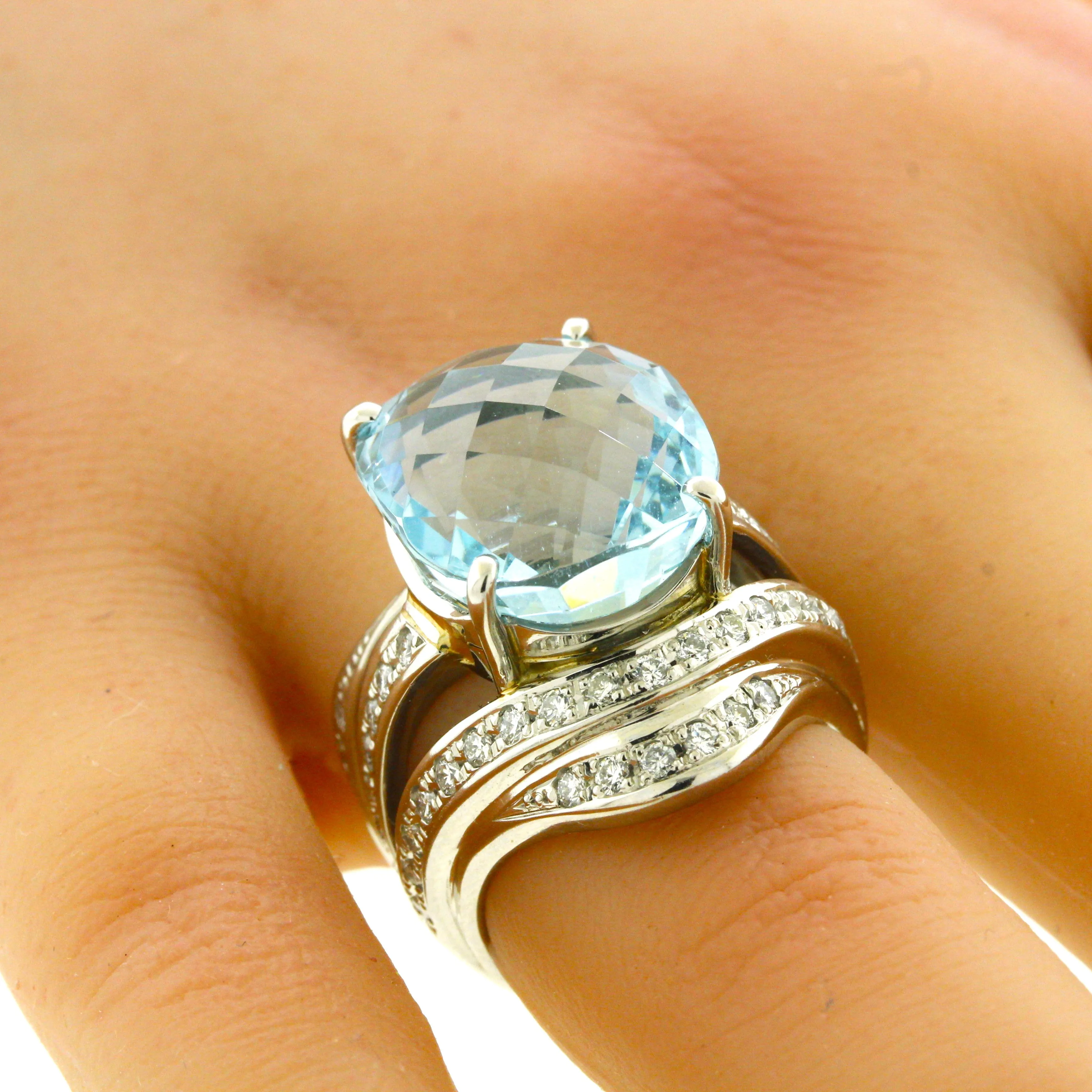 Large 20.10 Carat Aquamarine Diamond Platinum Cocktail Ring