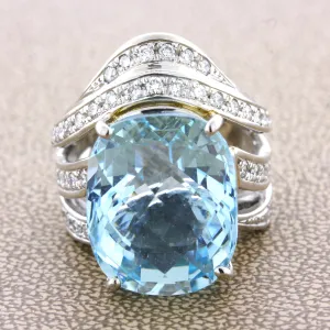 Large 20.10 Carat Aquamarine Diamond Platinum Cocktail Ring