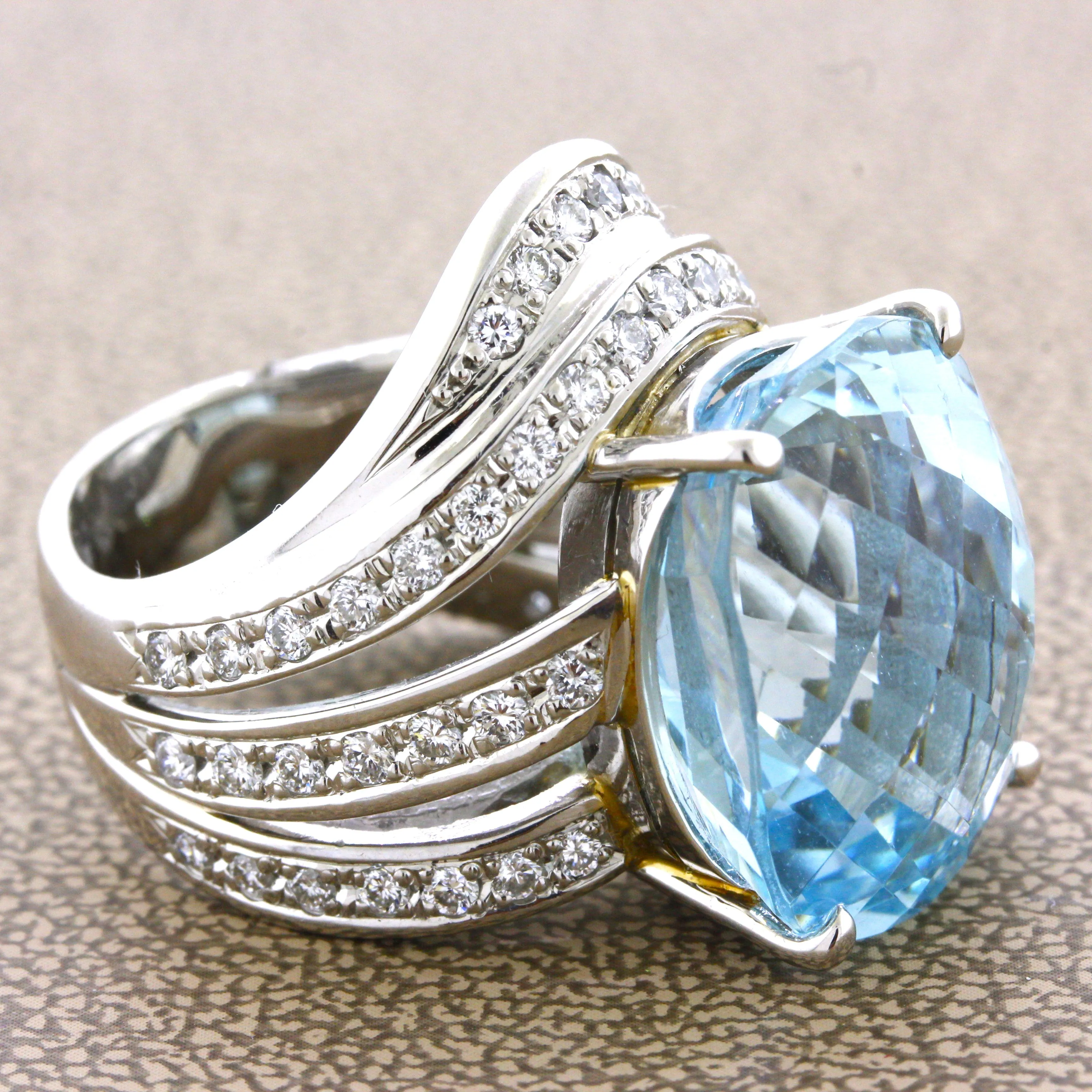 Large 20.10 Carat Aquamarine Diamond Platinum Cocktail Ring