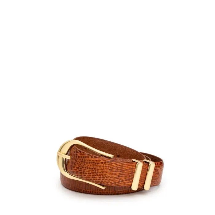 Lizard Textured Leather Belt - Cognac