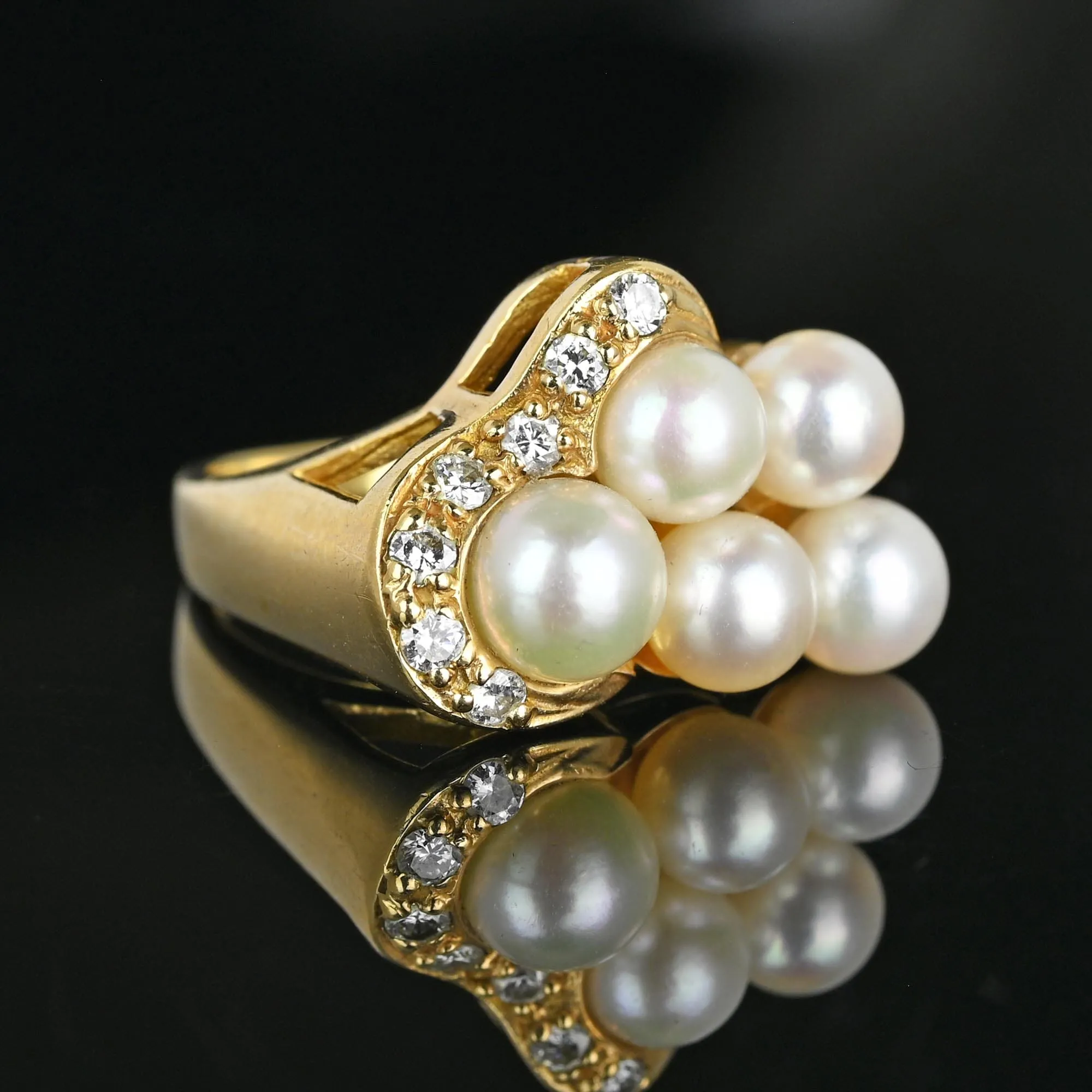 Mid Century Gold Diamond Pearl Cluster Cocktail Ring