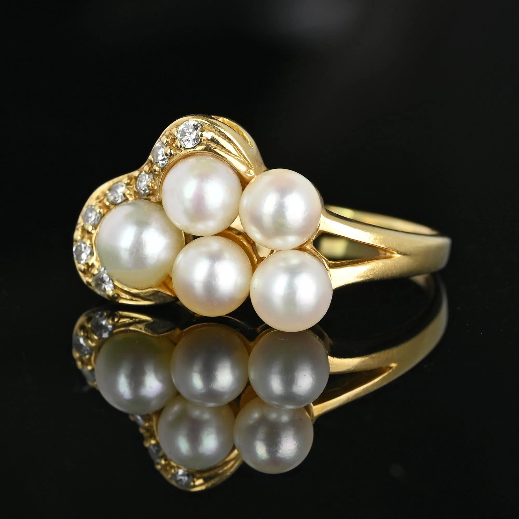 Mid Century Gold Diamond Pearl Cluster Cocktail Ring