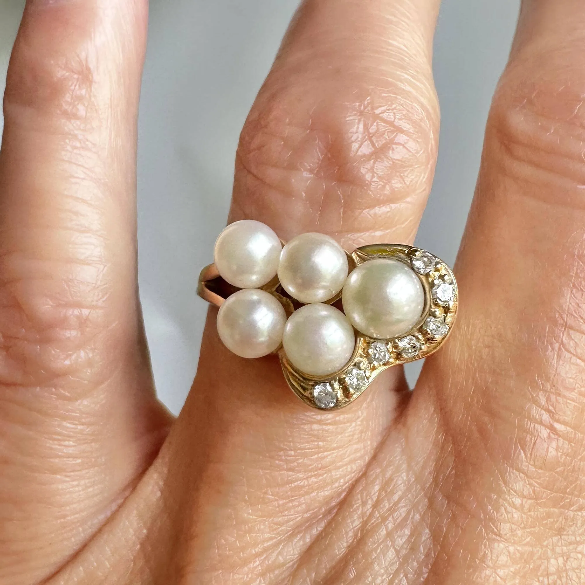 Mid Century Gold Diamond Pearl Cluster Cocktail Ring