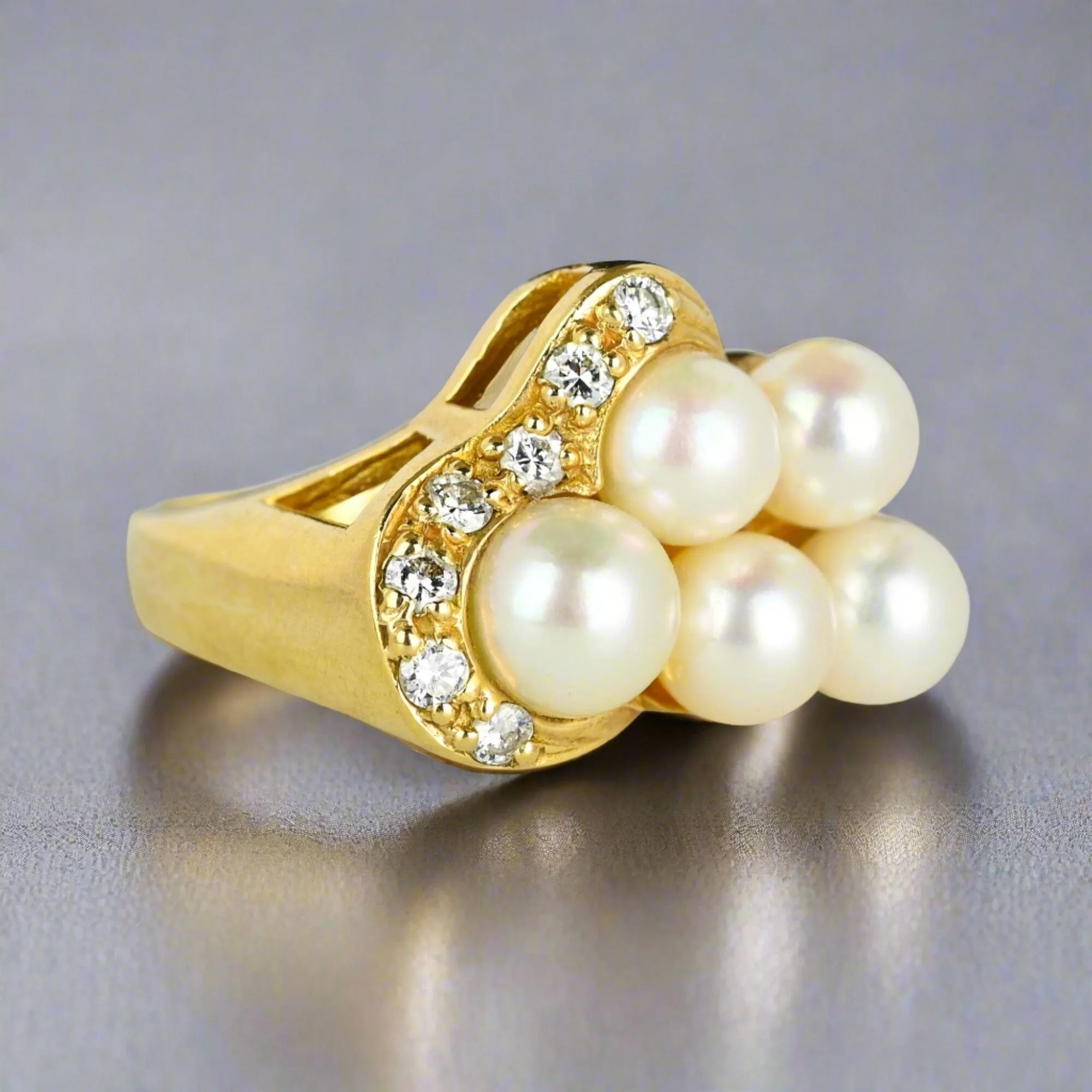 Mid Century Gold Diamond Pearl Cluster Cocktail Ring