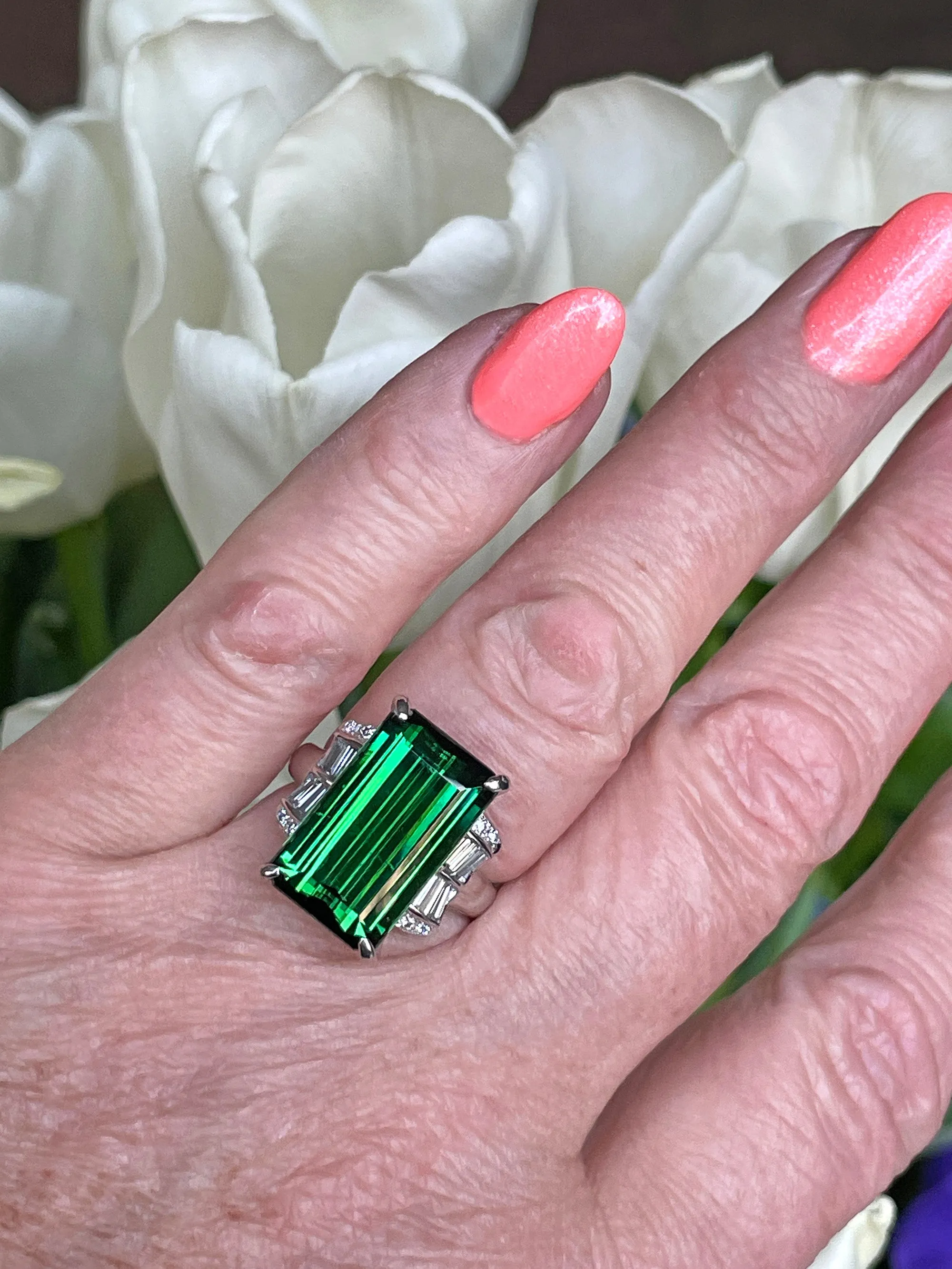 Original Art Deco GIA 12.18ctw Green Tourmaline Diamond Platinum Vintage Ring