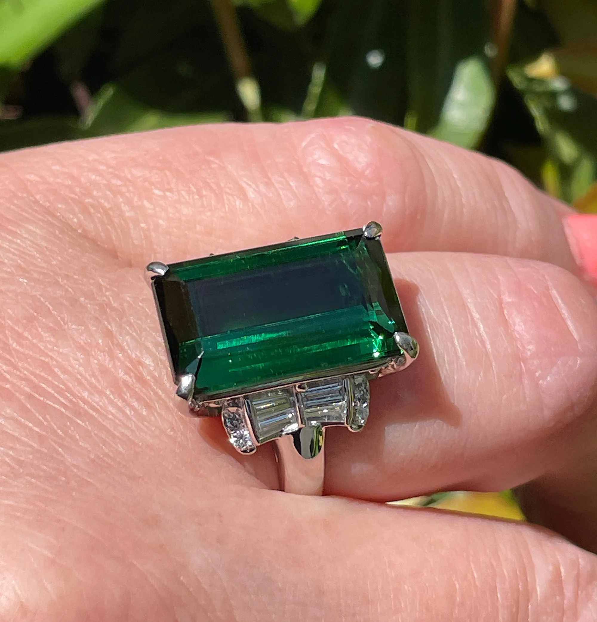 Original Art Deco GIA 12.18ctw Green Tourmaline Diamond Platinum Vintage Ring