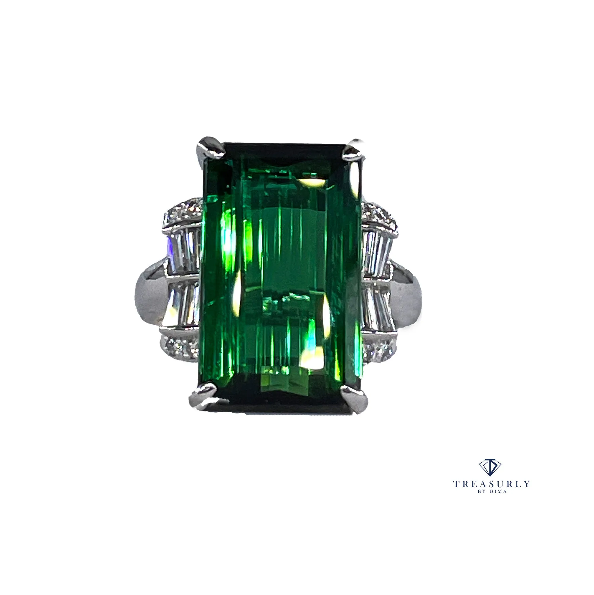 Original Art Deco GIA 12.18ctw Green Tourmaline Diamond Platinum Vintage Ring