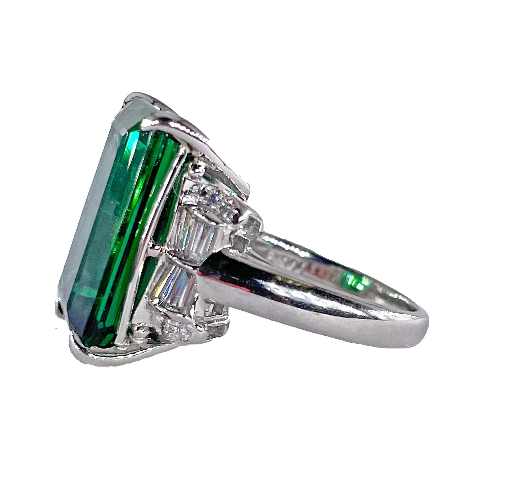 Original Art Deco GIA 12.18ctw Green Tourmaline Diamond Platinum Vintage Ring