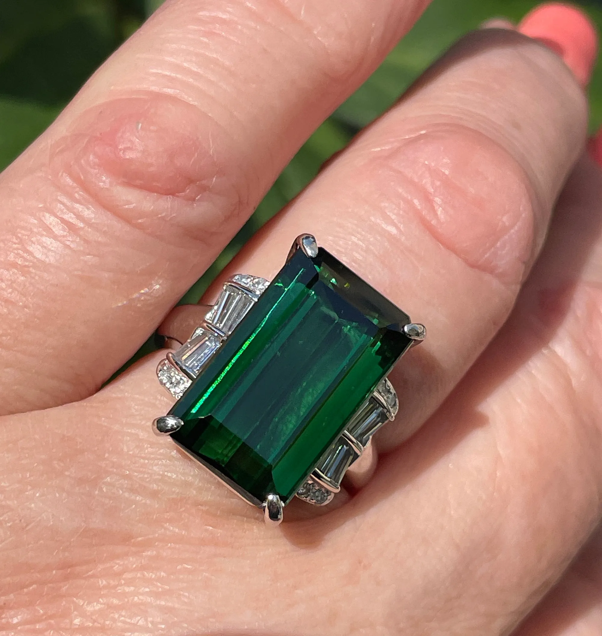 Original Art Deco GIA 12.18ctw Green Tourmaline Diamond Platinum Vintage Ring