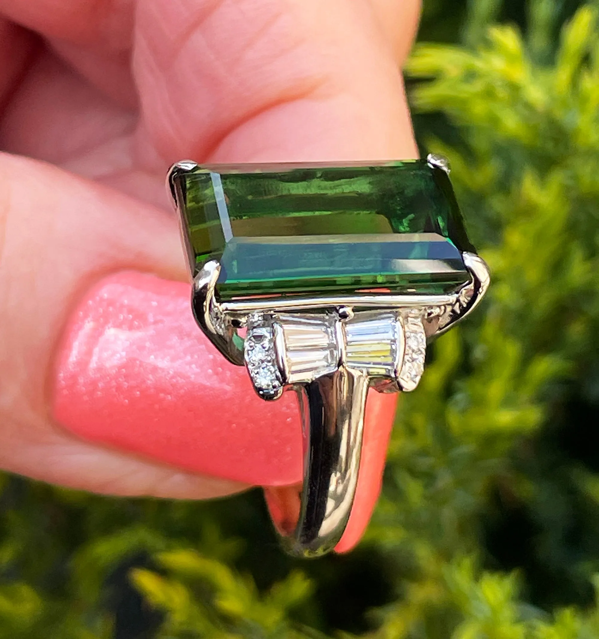 Original Art Deco GIA 12.18ctw Green Tourmaline Diamond Platinum Vintage Ring