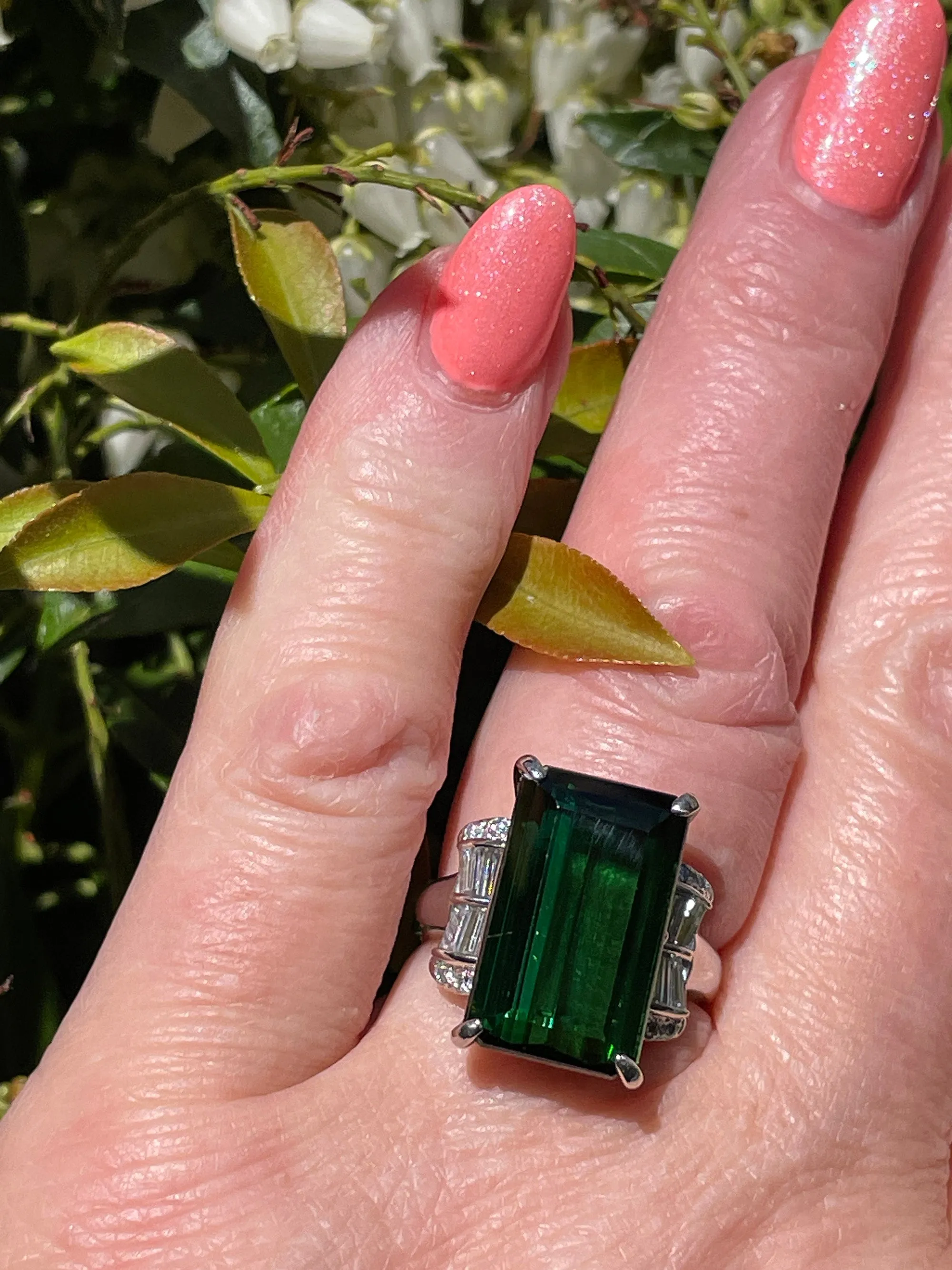 Original Art Deco GIA 12.18ctw Green Tourmaline Diamond Platinum Vintage Ring