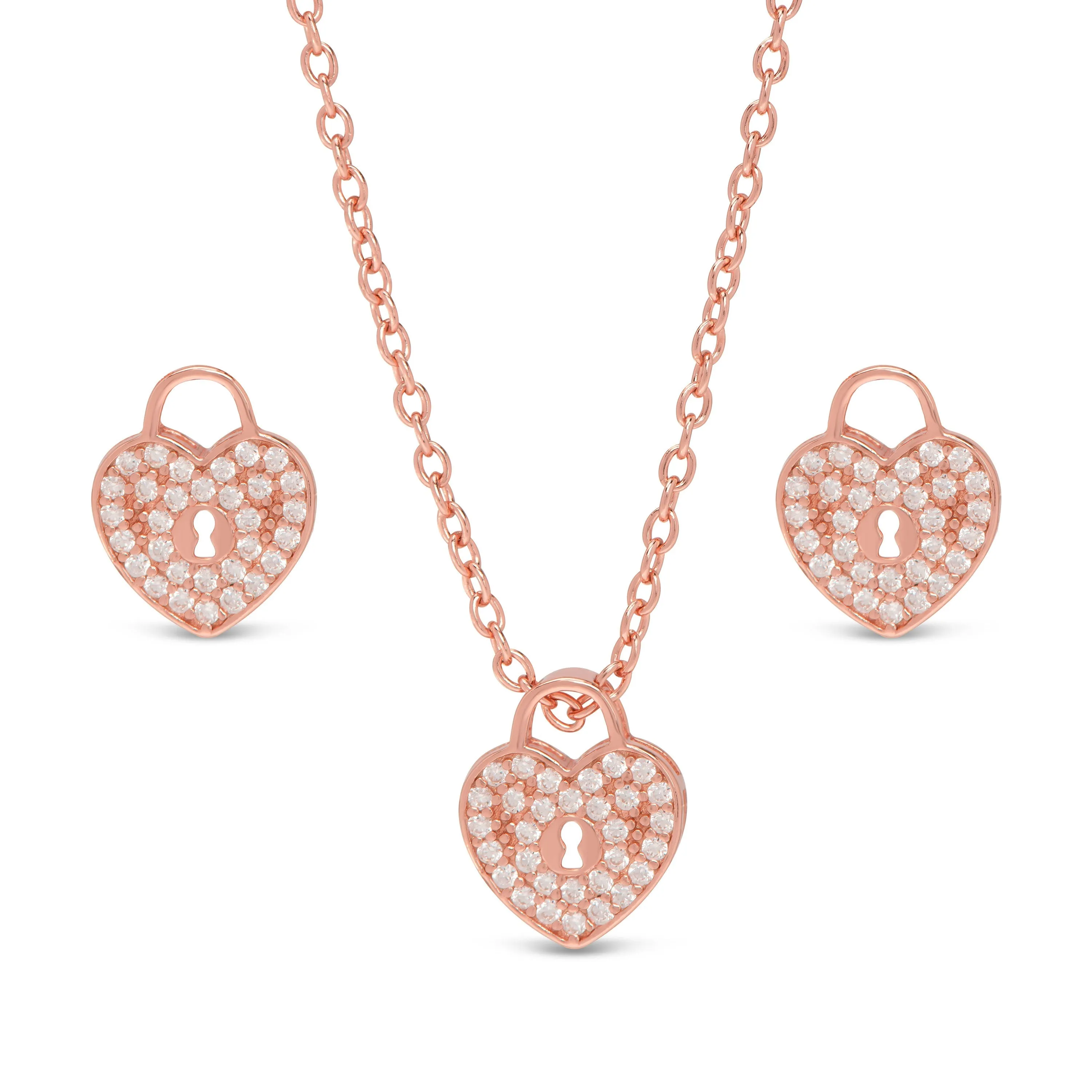 Pave CZ Heart Lock Necklace and Earrings Set in Rose Gold over Sterling Silver