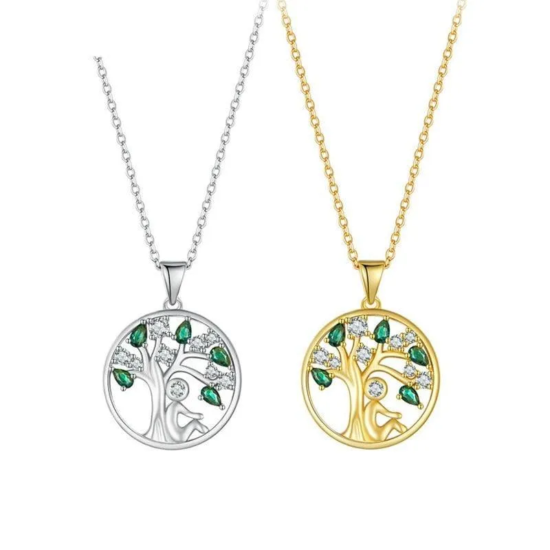 'Peaceful Lucky Tree' Pendant Necklace CZ & Sterling Silver