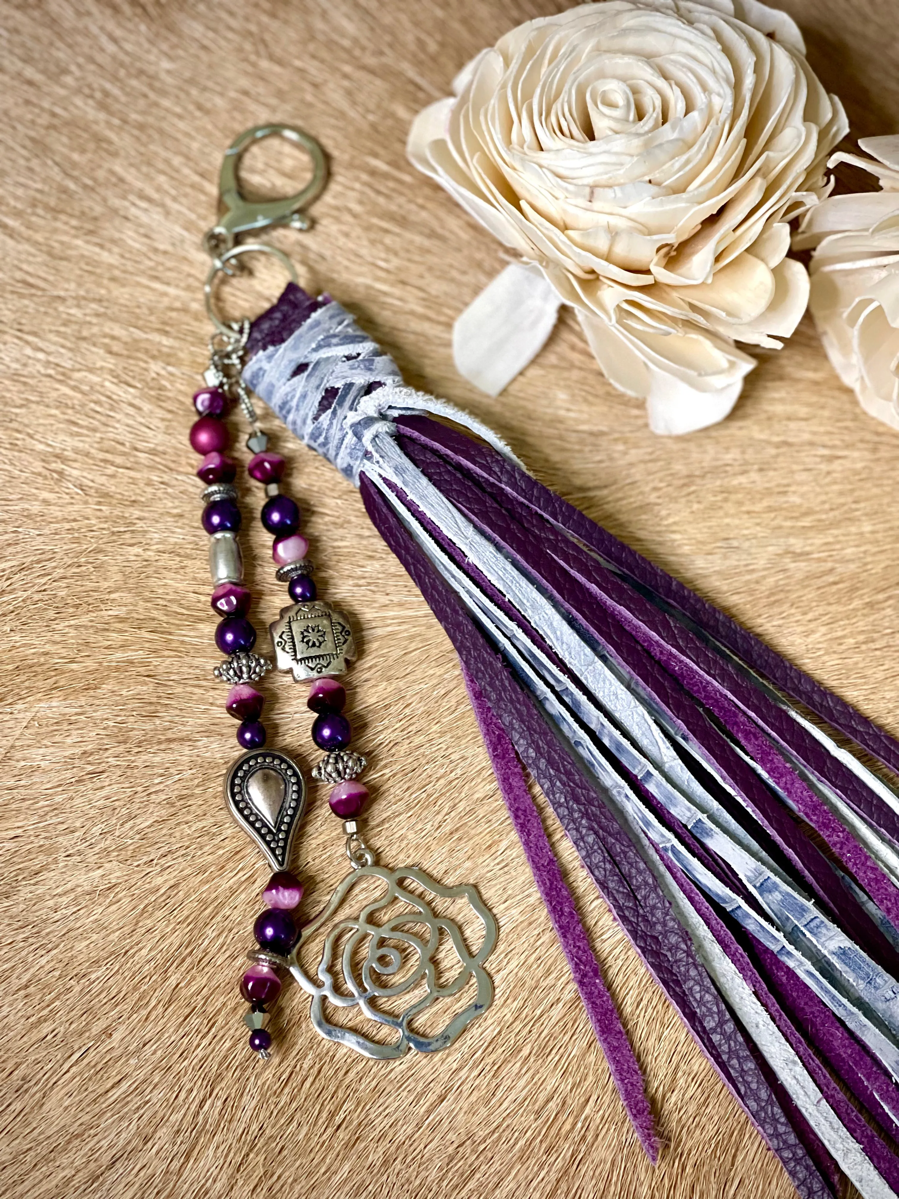 Purple & Gray Leather w/Matching Beads - Purse Tassel