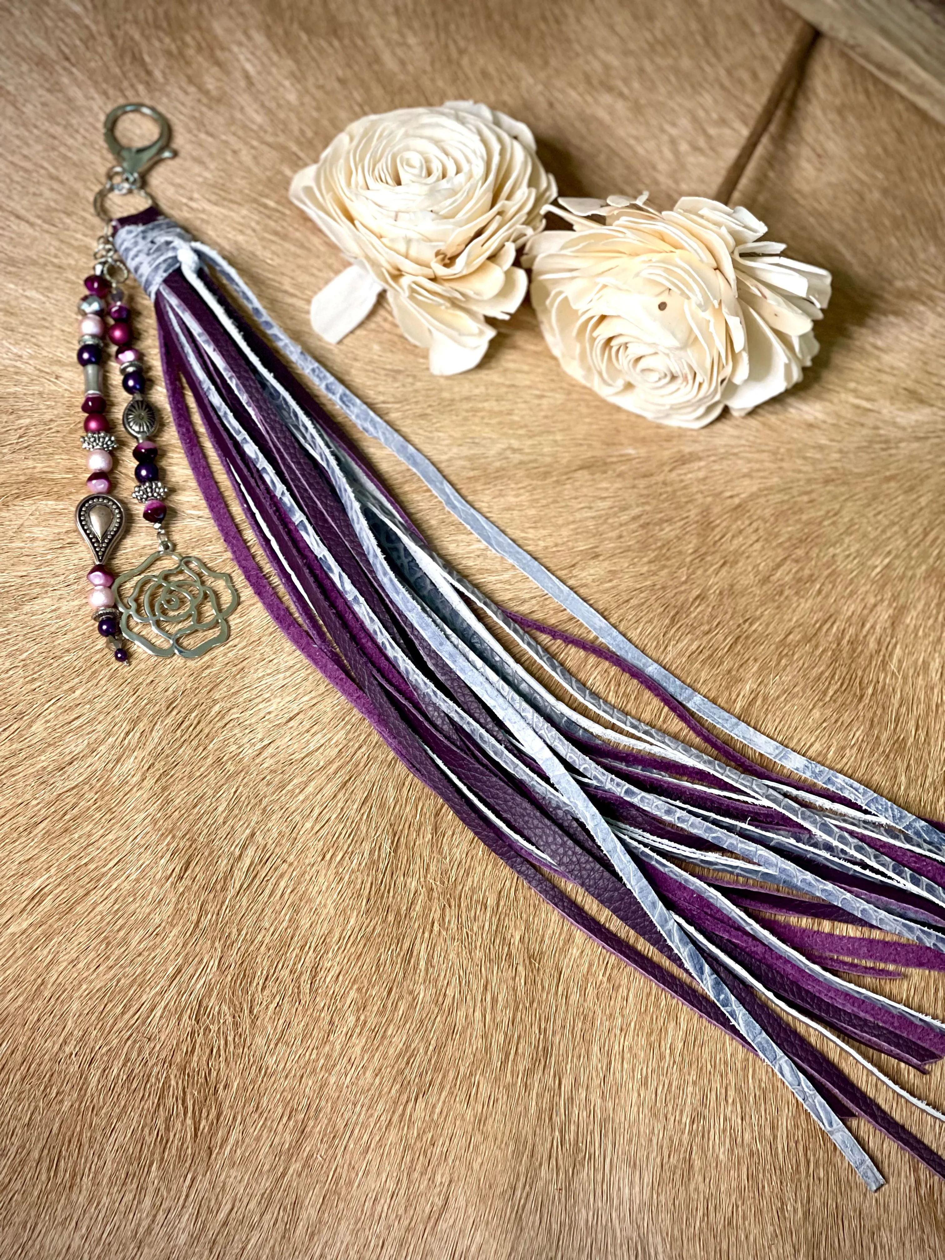 Purple & Gray Leather w/Matching Beads - Purse Tassel