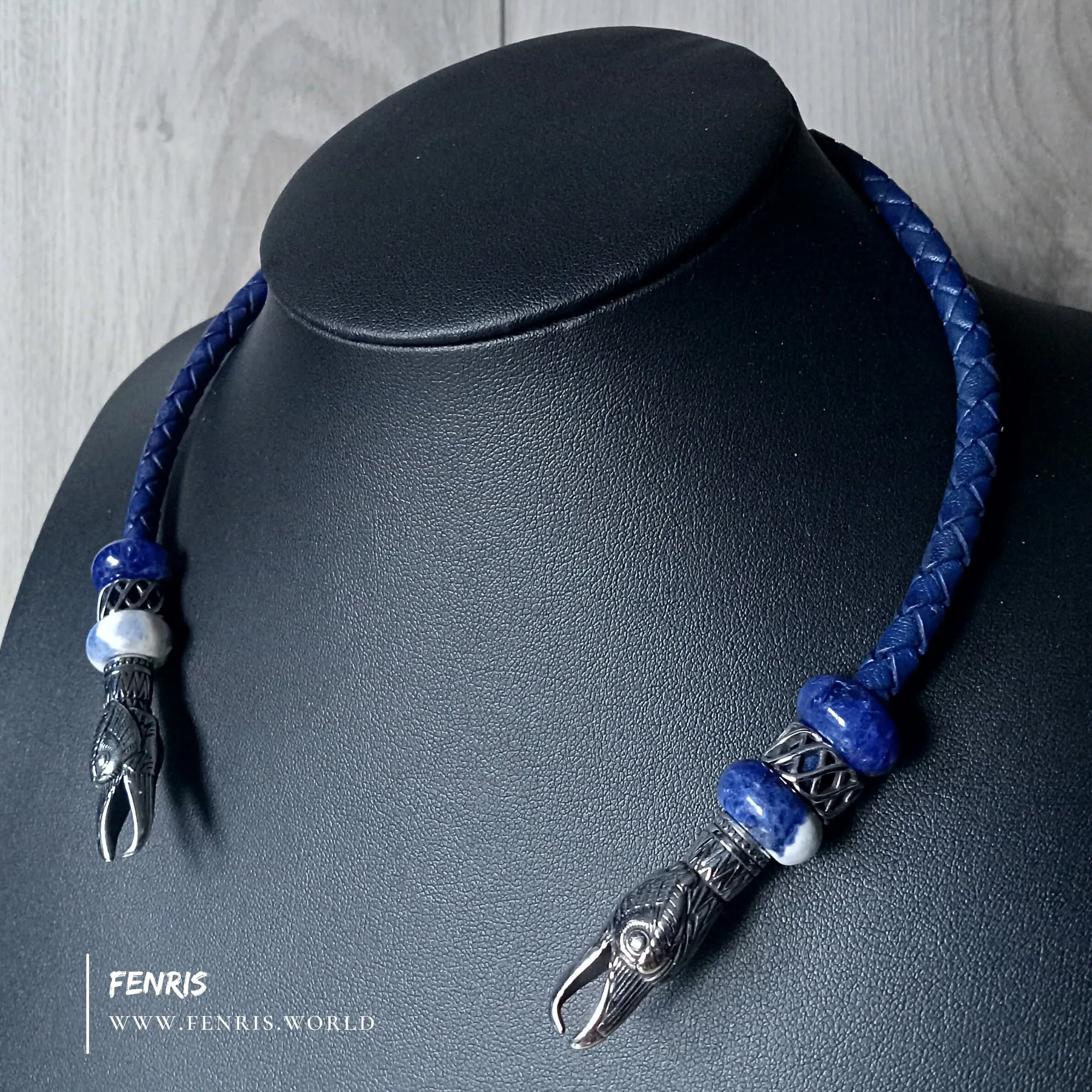 Raven Torc Lapis Lazuli Necklace Silver Blue Leather