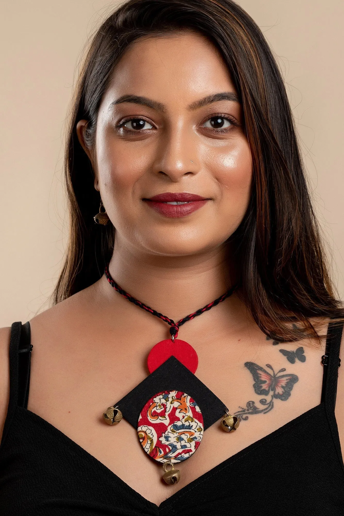 Red Black Kalamkari Neckpiece with Brass Ghungroo - Handcrafted Fabric Jewelry Set for Women